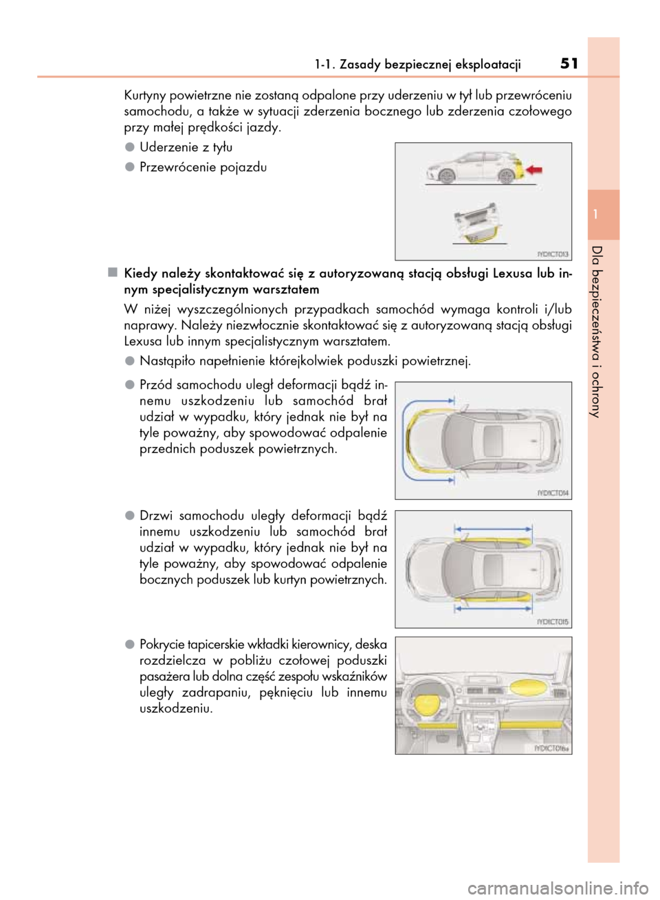 Lexus CT200h 2015 Instrukcja Obsługi (in Polish) Kurtyny powietrzne nie zostanà odpalone przy uderzeniu w ty∏ lub przewróceniu
samochodu, a tak˝e w sytuacji zderzenia bocznego lub zderzenia czo∏owego
przy ma∏ej pr´dkoÊci jazdy.
Uderzenie Lexus CT200h 2015 Instrukcja Obsługi (in Polish) Kurtyny powietrzne nie zostanà odpalone przy uderzeniu w ty∏ lub przewróceniu
samochodu, a tak˝e w sytuacji zderzenia bocznego lub zderzenia czo∏owego
przy ma∏ej pr´dkoÊci jazdy.
Uderzenie