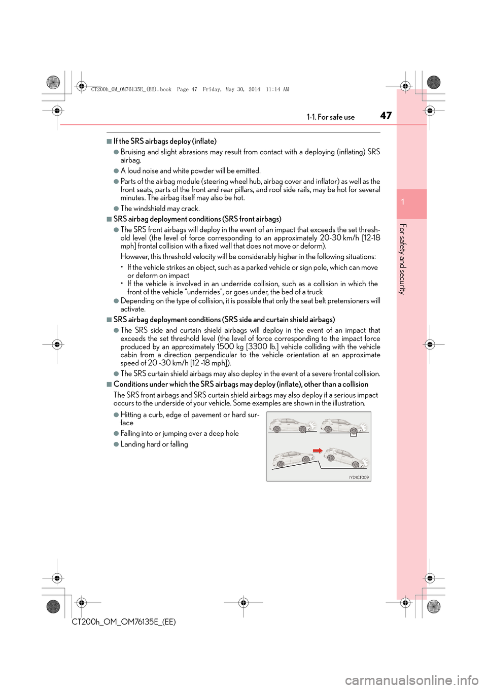 Lexus CT200h 2014   (in English) Service Manual 471-1. For safe use
1
CT200h_OM_OM76135E_(EE)
For safety and security
■If the SRS airbags deploy (inflate)
●Bruising and slight abrasions may result from contact with a deploying (inflating) SRS
a