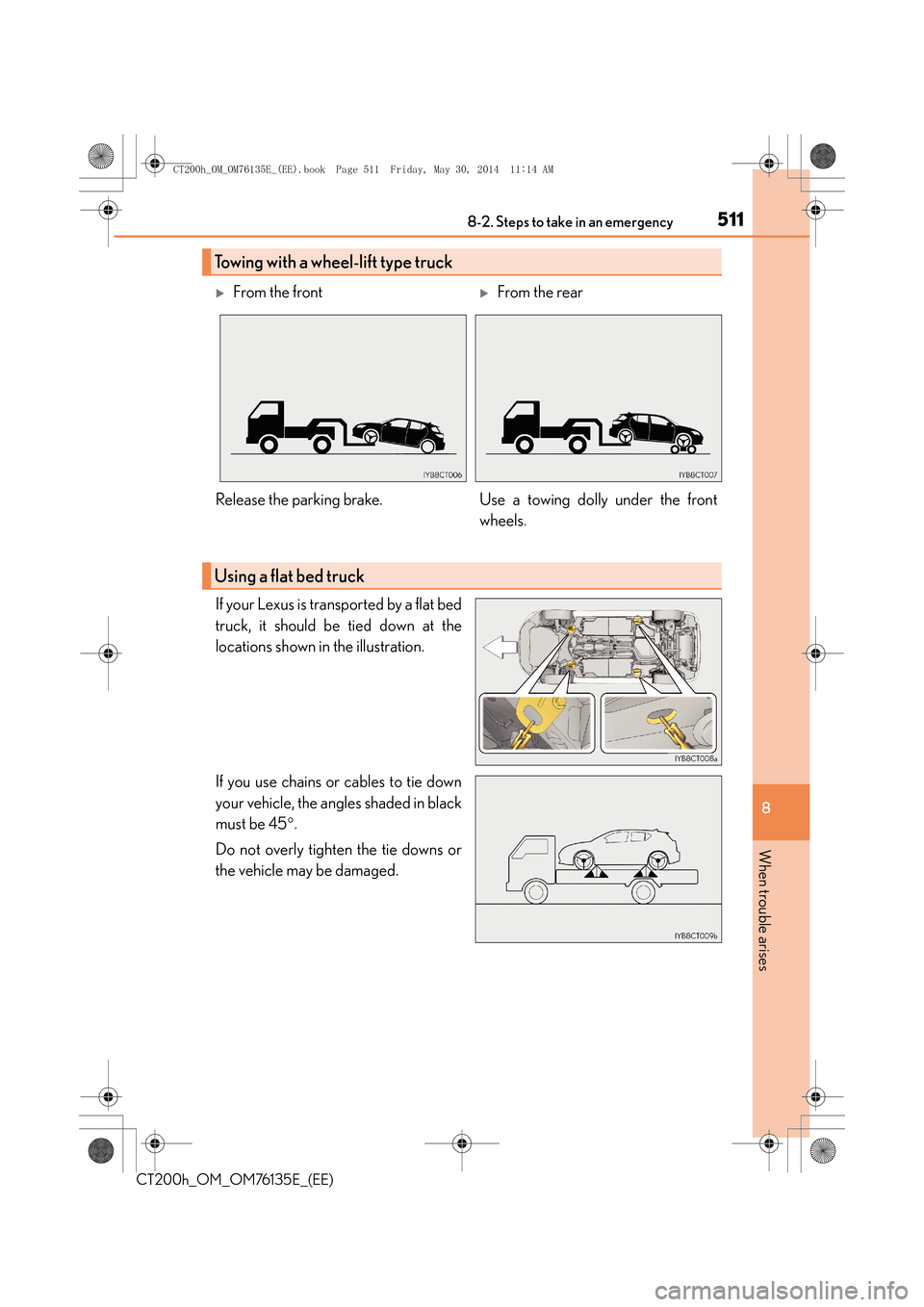 Lexus CT200h 2014   (in English) Owners Guide 5118-2. Steps to take in an emergency
CT200h_OM_OM76135E_(EE)
8
When trouble arises
If your Lexus is transported by a flat bed
truck, it should be tied down at the
locations shown in the illustration.