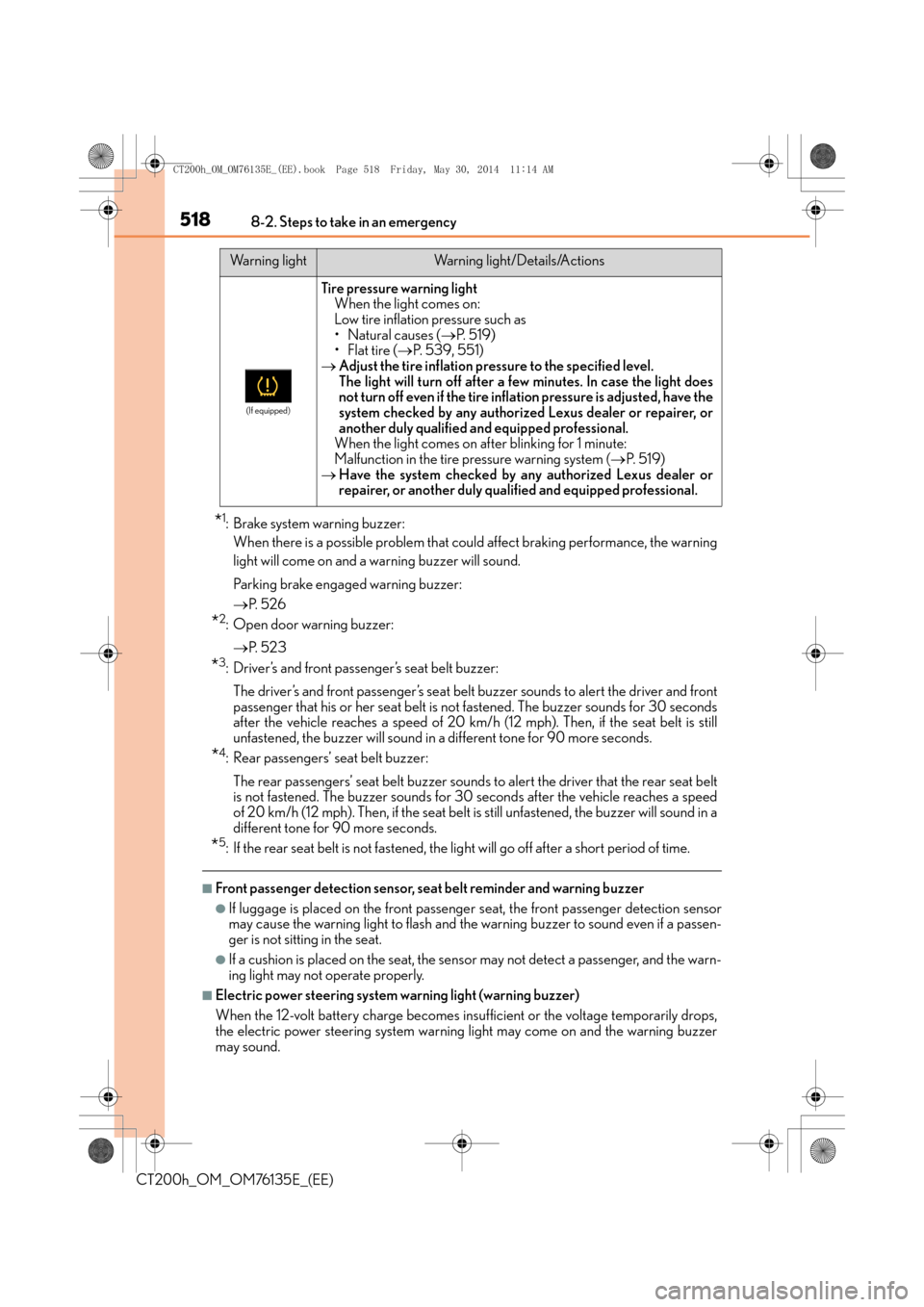 Lexus CT200h 2014 (in English) Owners Guide 5188-2. Steps to take in an emergency
CT200h_OM_OM76135E_(EE)
*1: Brake system warning buzzer:When there is a possible problem that coul d affect braking performance, the warning
light will come on an Lexus CT200h 2014 (in English) Owners Guide 5188-2. Steps to take in an emergency
CT200h_OM_OM76135E_(EE)
*1: Brake system warning buzzer:When there is a possible problem that coul d affect braking performance, the warning
light will come on an