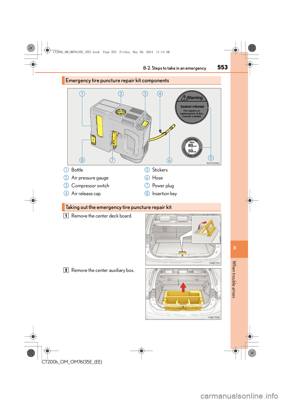 Lexus CT200h 2014  Owners Manual (in English) 5538-2. Steps to take in an emergency
CT200h_OM_OM76135E_(EE)
8
When trouble arises
Remove the center deck board.
Remove the center auxiliary box.
Emergency tire puncture repair kit components
Bottle
