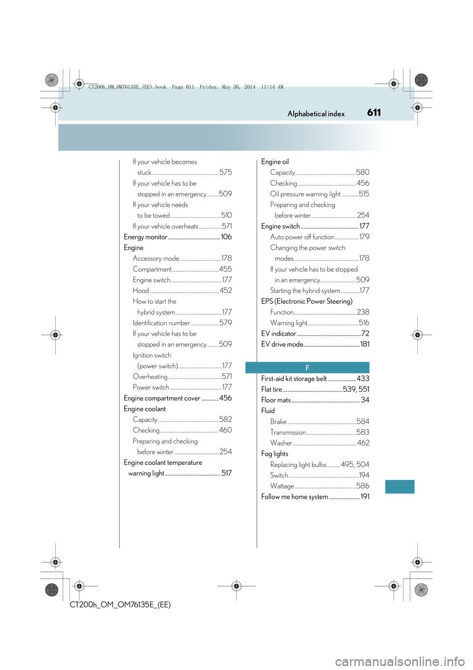 Lexus CT200h 2014   (in English) User Guide 611Alphabetical index
CT200h_OM_OM76135E_(EE)
If your vehicle becomes stuck...................................................... 575
If your vehicle has to be  stopped in an emergency......... 509
If