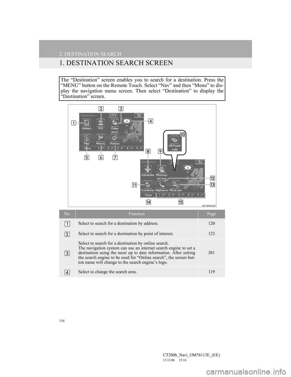 Lexus CT200h 2014 Navigation manual (in English) 116
CT200h_Navi_OM76113E_(EE)
13.12.06 15:16
2. DESTINATION SEARCH
1. DESTINATION SEARCH SCREEN
The “Destination” screen enables you to search for a destination. Press the
“MENU” button on Lexus CT200h 2014 Navigation manual (in English) 116
CT200h_Navi_OM76113E_(EE)
13.12.06 15:16
2. DESTINATION SEARCH
1. DESTINATION SEARCH SCREEN
The “Destination” screen enables you to search for a destination. Press the
“MENU” button on