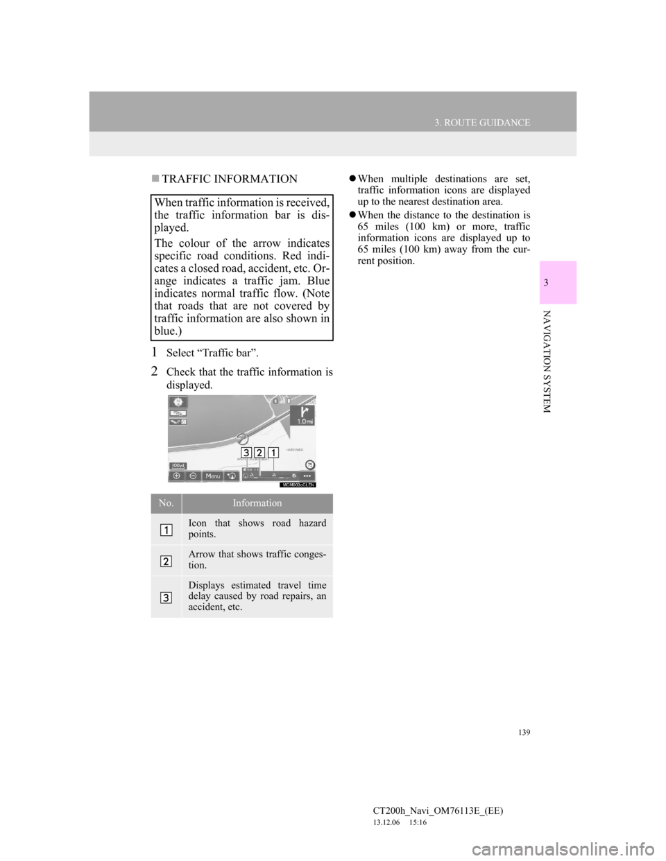 Lexus CT200h 2014 Navigation manual (in English) 139
3. ROUTE GUIDANCE
CT200h_Navi_OM76113E_(EE)
13.12.06 15:16
3
NAVIGATION SYSTEM
TRAFFIC INFORMATION
1Select “Traffic bar”.
2Check that the traffic information is
displayed.
When multi Lexus CT200h 2014 Navigation manual (in English) 139
3. ROUTE GUIDANCE
CT200h_Navi_OM76113E_(EE)
13.12.06 15:16
3
NAVIGATION SYSTEM
TRAFFIC INFORMATION
1Select “Traffic bar”.
2Check that the traffic information is
displayed.
When multi