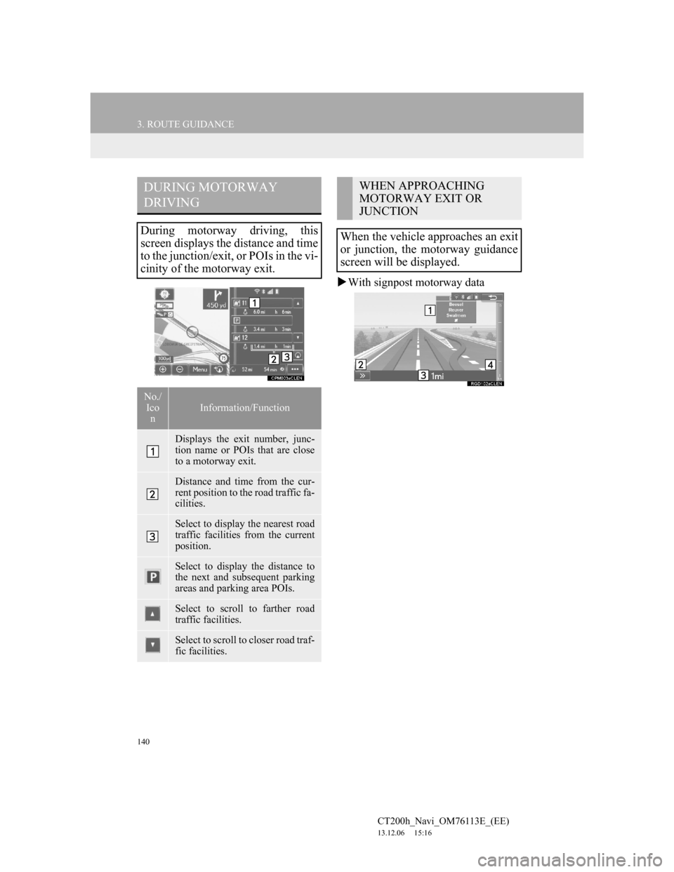 Lexus CT200h 2014 Navigation manual (in English) 140
3. ROUTE GUIDANCE
CT200h_Navi_OM76113E_(EE)
13.12.06 15:16
With signpost motorway data
DURING MOTORWAY
DRIVING
During motorway driving, this
screen displays the distance and time
to the ju Lexus CT200h 2014 Navigation manual (in English) 140
3. ROUTE GUIDANCE
CT200h_Navi_OM76113E_(EE)
13.12.06 15:16
With signpost motorway data
DURING MOTORWAY
DRIVING
During motorway driving, this
screen displays the distance and time
to the ju