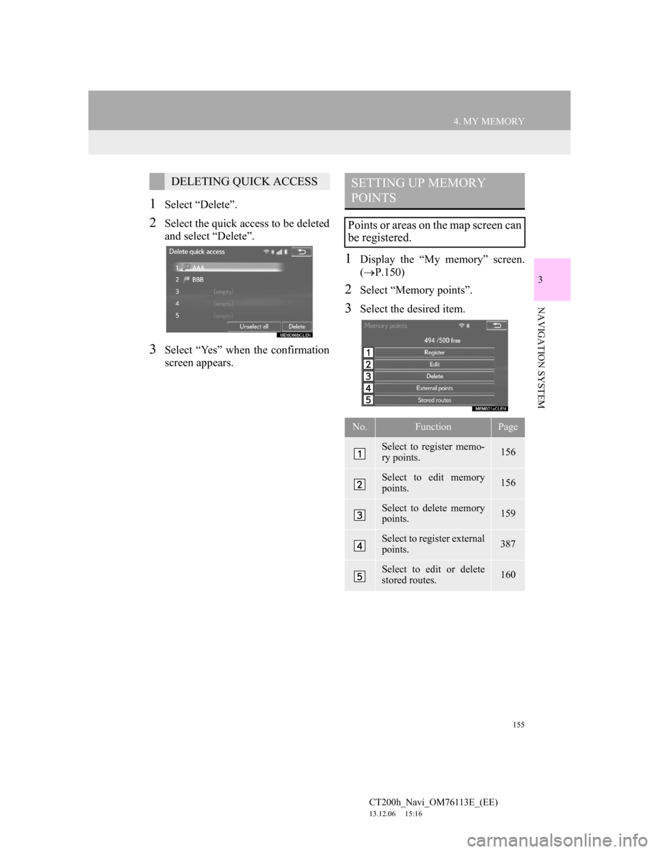 Lexus CT200h 2014  Navigation manual (in English) 155
4. MY MEMORY
CT200h_Navi_OM76113E_(EE)
13.12.06     15:16
3
NAVIGATION SYSTEM
1Select “Delete”.
2Select the quick access to be deleted
and select “Delete”.
3Select “Yes” when the confi