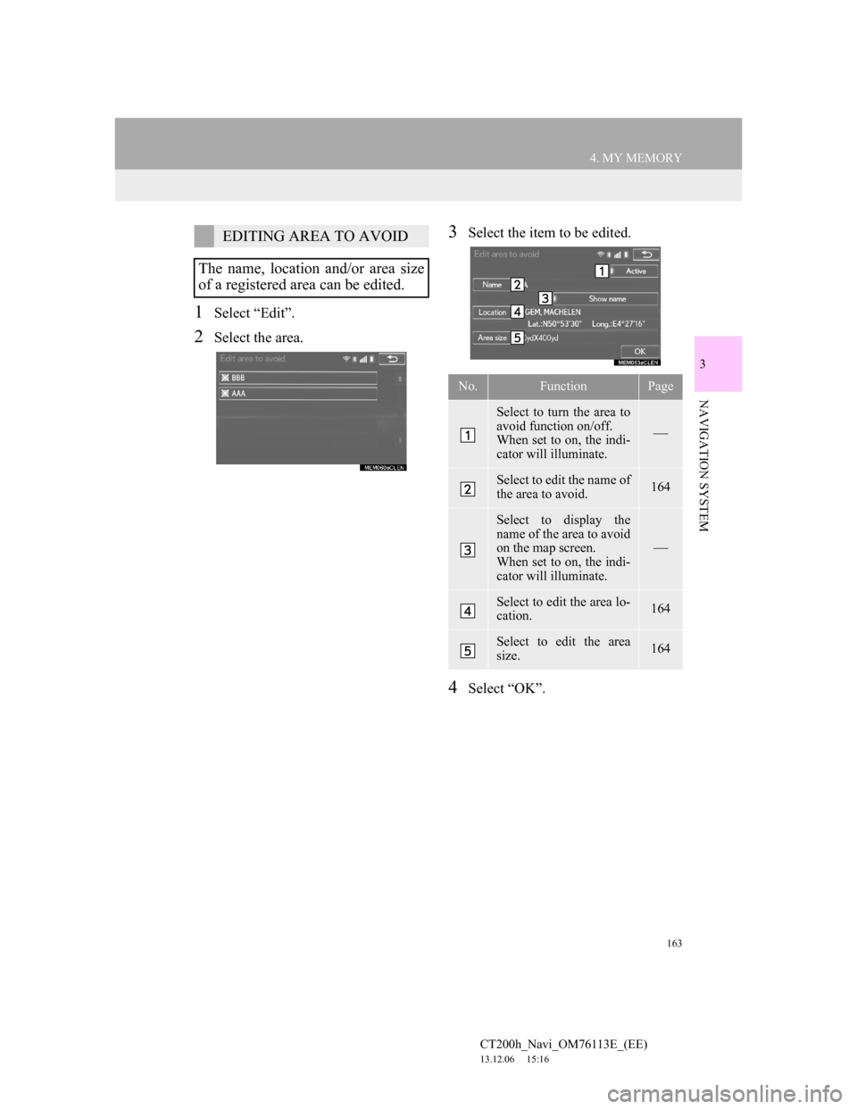 Lexus CT200h 2014 Navigation manual (in English) 163
4. MY MEMORY
CT200h_Navi_OM76113E_(EE)
13.12.06 15:16
3
NAVIGATION SYSTEM
1Select “Edit”.
2Select the area.
3Select the item to be edited.
4Select “OK”.
EDITING AREA TO AVOID
The name, Lexus CT200h 2014 Navigation manual (in English) 163
4. MY MEMORY
CT200h_Navi_OM76113E_(EE)
13.12.06 15:16
3
NAVIGATION SYSTEM
1Select “Edit”.
2Select the area.
3Select the item to be edited.
4Select “OK”.
EDITING AREA TO AVOID
The name,