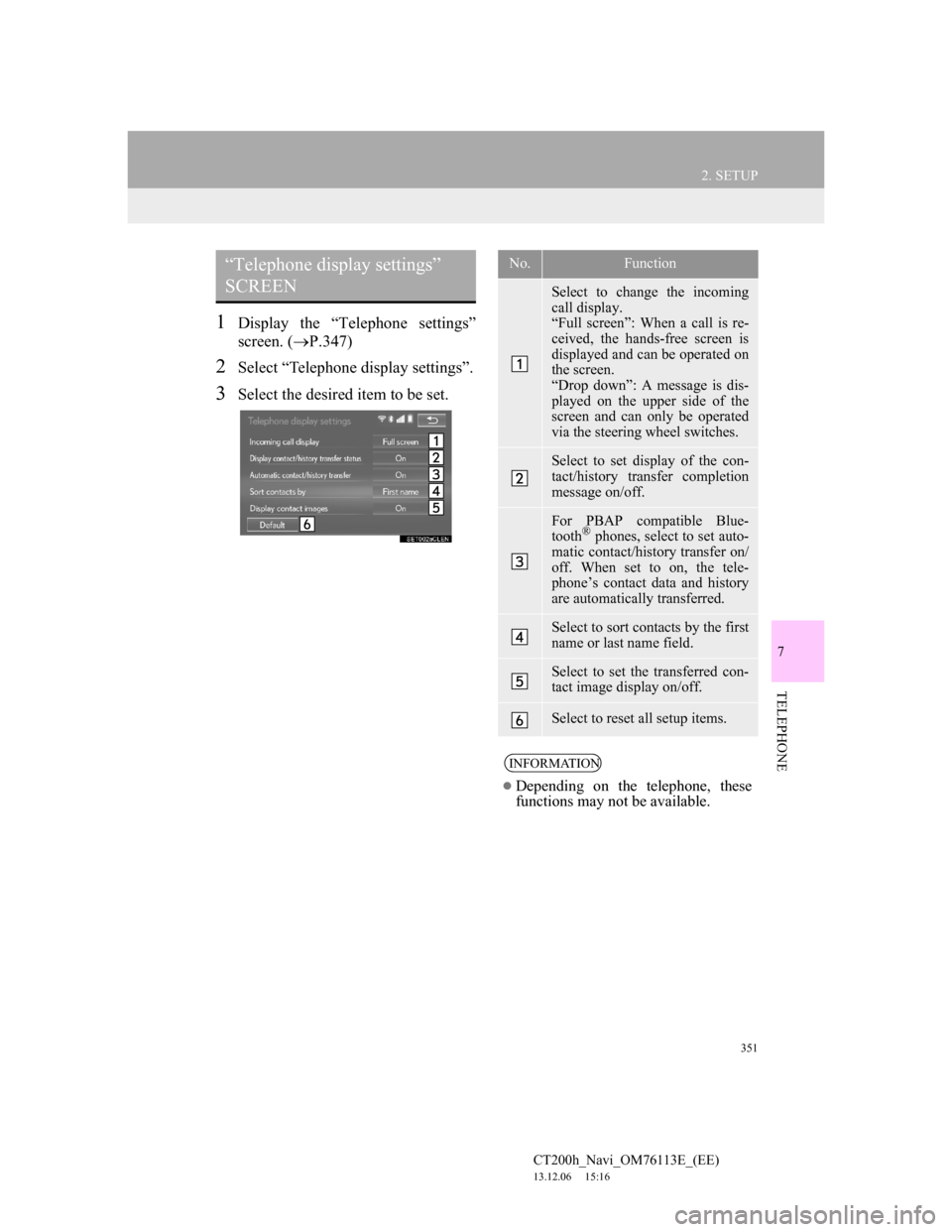 Lexus CT200h 2014 Navigation manual (in English) 351
2. SETUP
7
TELEPHONE
CT200h_Navi_OM76113E_(EE)
13.12.06 15:16
1Display the “Telephone settings”
screen. (P.347)
2Select “Telephone display settings”.
3Select the desired item to be Lexus CT200h 2014 Navigation manual (in English) 351
2. SETUP
7
TELEPHONE
CT200h_Navi_OM76113E_(EE)
13.12.06 15:16
1Display the “Telephone settings”
screen. (P.347)
2Select “Telephone display settings”.
3Select the desired item to be