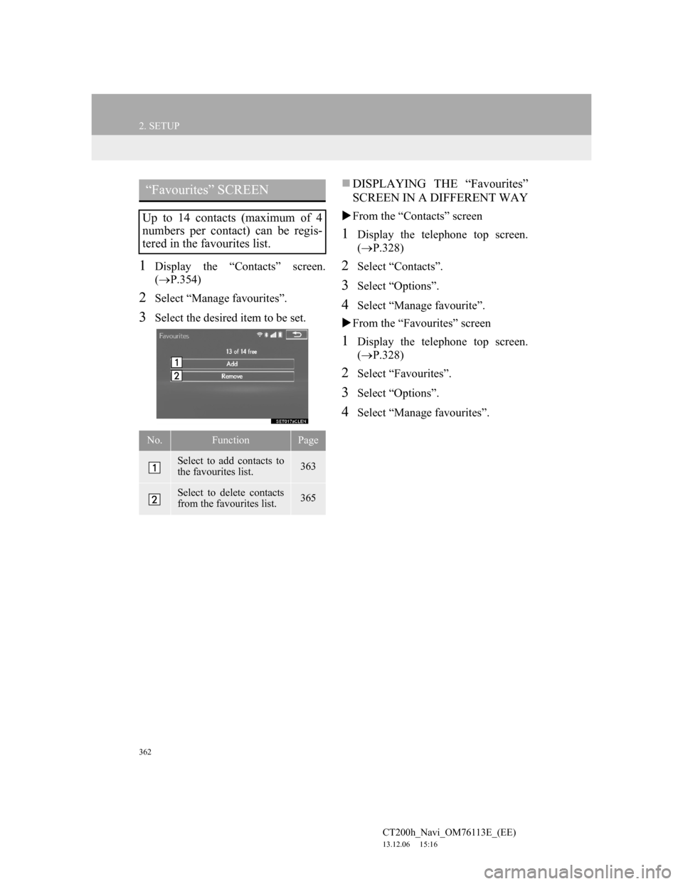 Lexus CT200h 2014 Navigation manual (in English) 362
2. SETUP
CT200h_Navi_OM76113E_(EE)
13.12.06 15:16
1Display the “Contacts” screen.
(P.354)
2Select “Manage favourites”.
3Select the desired item to be set.
DISPLAYING THE “Favou Lexus CT200h 2014 Navigation manual (in English) 362
2. SETUP
CT200h_Navi_OM76113E_(EE)
13.12.06 15:16
1Display the “Contacts” screen.
(P.354)
2Select “Manage favourites”.
3Select the desired item to be set.
DISPLAYING THE “Favou