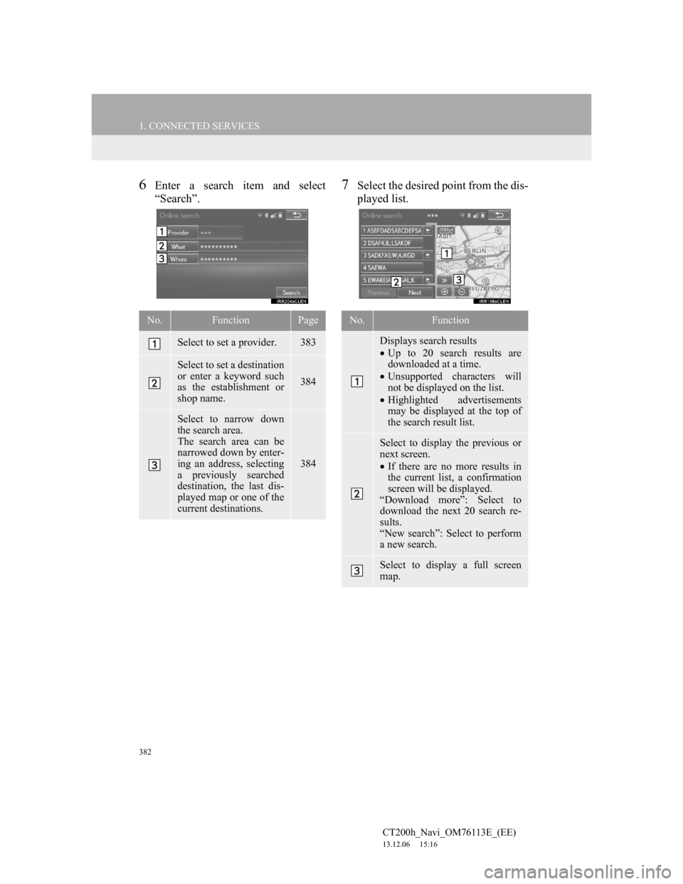 Lexus CT200h 2014 Navigation manual (in English) 382
1. CONNECTED SERVICES
CT200h_Navi_OM76113E_(EE)
13.12.06 15:16
6Enter a search item and select
“Search”.7Select the desired point from the dis-
played list.
No.FunctionPage
Select to set a Lexus CT200h 2014 Navigation manual (in English) 382
1. CONNECTED SERVICES
CT200h_Navi_OM76113E_(EE)
13.12.06 15:16
6Enter a search item and select
“Search”.7Select the desired point from the dis-
played list.
No.FunctionPage
Select to set a