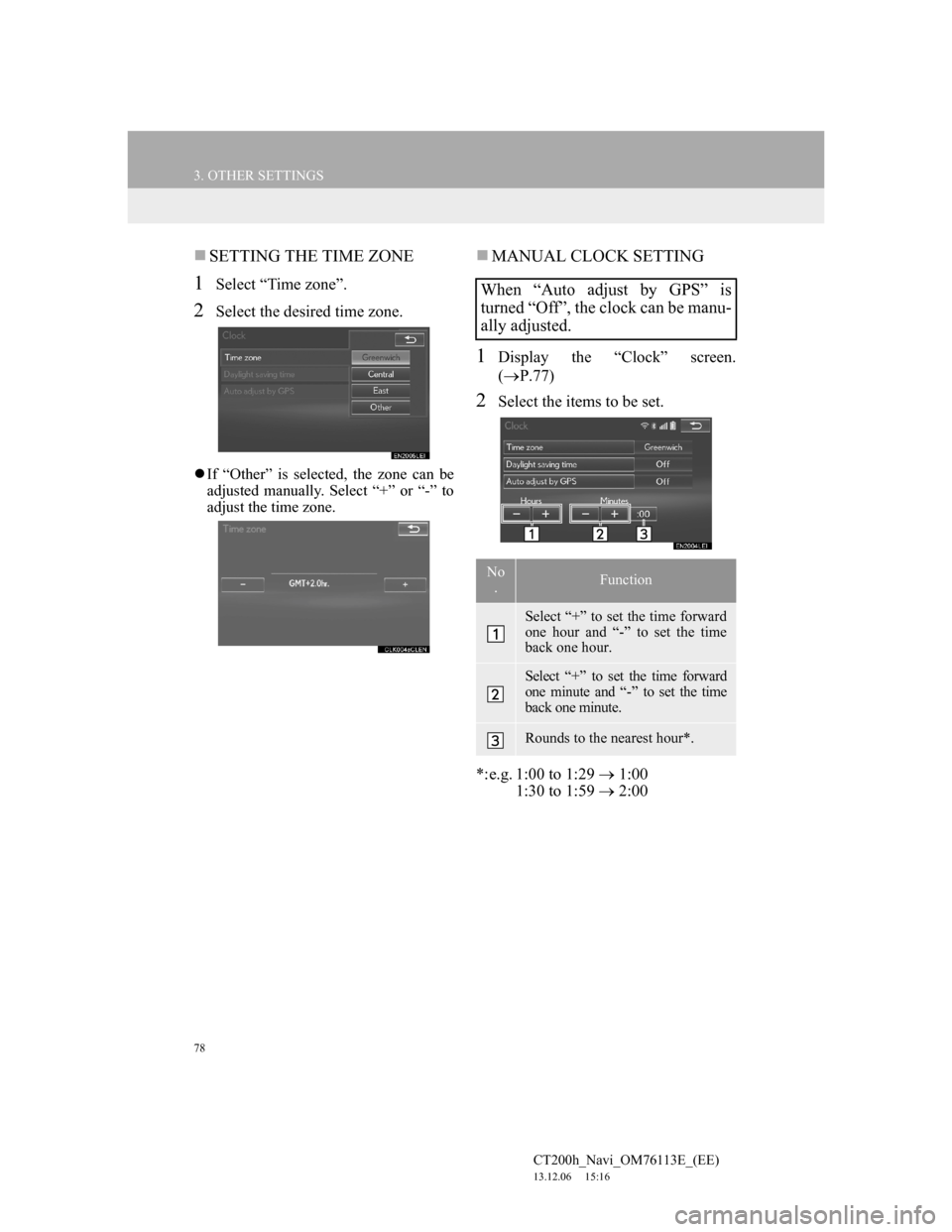 Lexus CT200h 2014 Navigation manual (in English) 78
3. OTHER SETTINGS
CT200h_Navi_OM76113E_(EE)
13.12.06 15:16
SETTING THE TIME ZONE
1Select “Time zone”.
2Select the desired time zone.
If “Other” is selected, the zone can be
adjust Lexus CT200h 2014 Navigation manual (in English) 78
3. OTHER SETTINGS
CT200h_Navi_OM76113E_(EE)
13.12.06 15:16
SETTING THE TIME ZONE
1Select “Time zone”.
2Select the desired time zone.
If “Other” is selected, the zone can be
adjust