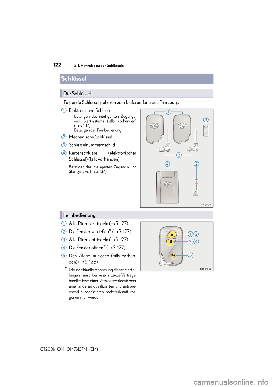 Lexus CT200h 2014  Betriebsanleitung (in German) 1223-1. Hinweise zu den Schlüsseln
CT200h_OM_OM76137M_(EM)
Schlüssel
Folgende Schlüssel gehören zum Lieferumfang des Fahrzeugs.Elektronische Schlüssel
• Betätigen des intelligenten Zugangs-und