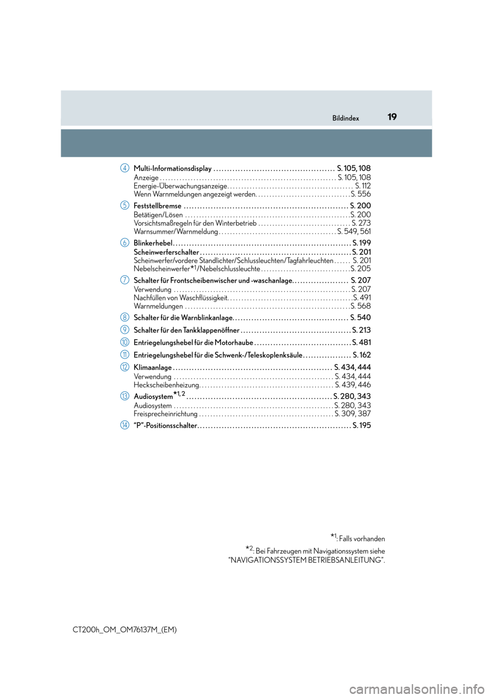 Lexus CT200h 2014  Betriebsanleitung (in German) 19Bildindex
CT200h_OM_OM76137M_(EM)Multi-Informationsdisplay  . . . . . . . . . . . . . . . . . . . . . . . . . . . . . . . . . . . . . . . . . . . . .  S. 105, 108
Anzeige . . . . . . . . . . . . . .