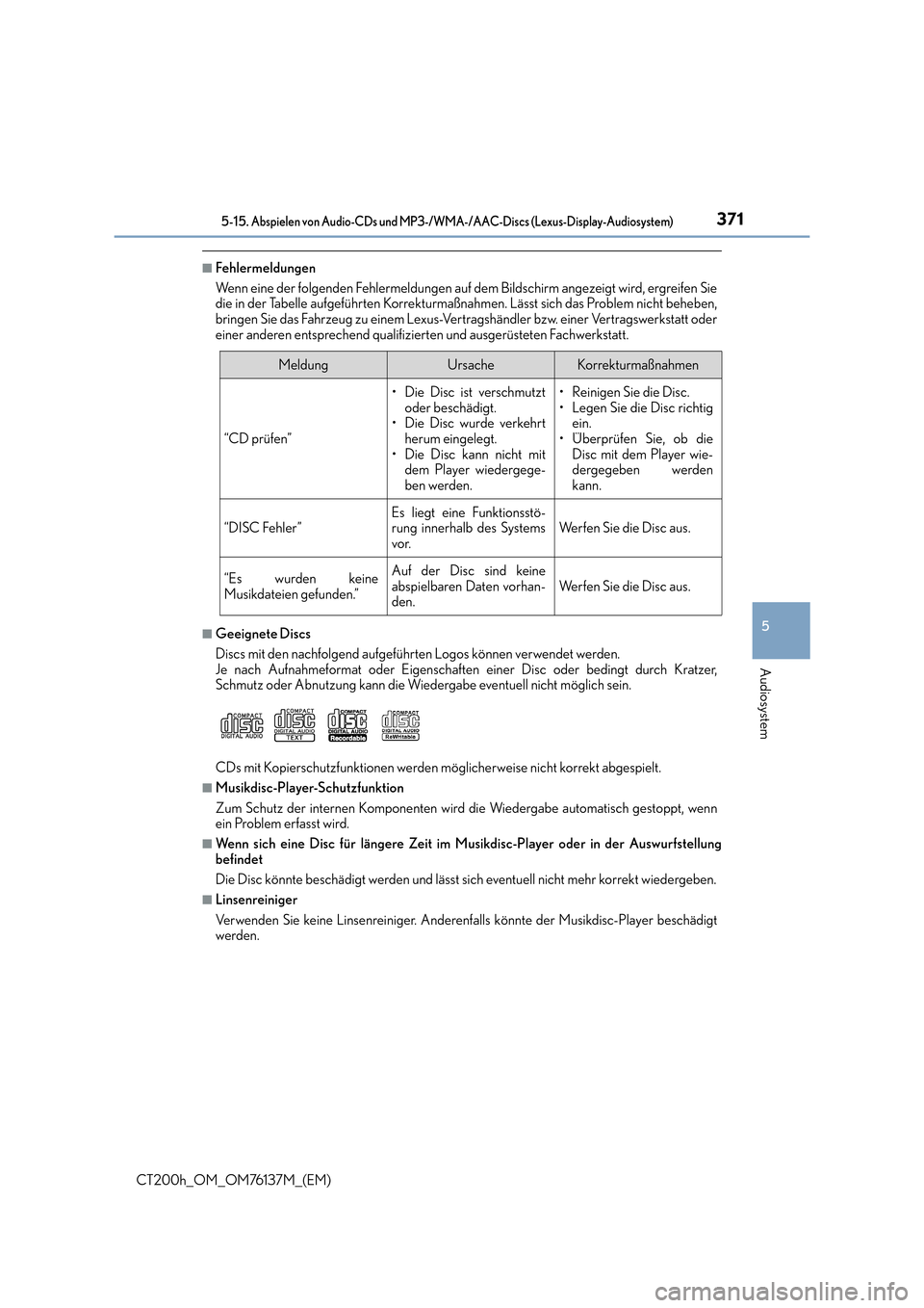 Lexus CT200h 2014  Betriebsanleitung (in German) 3715-15. Abspielen von Audio-CDs und MP3-/WMA-/AAC-Discs (Lexus-Display-Audiosystem)
5
Audiosystem
CT200h_OM_OM76137M_(EM)
■Fehlermeldungen
Wenn eine der folgenden Fehlermeldungen auf dem Bildschirm