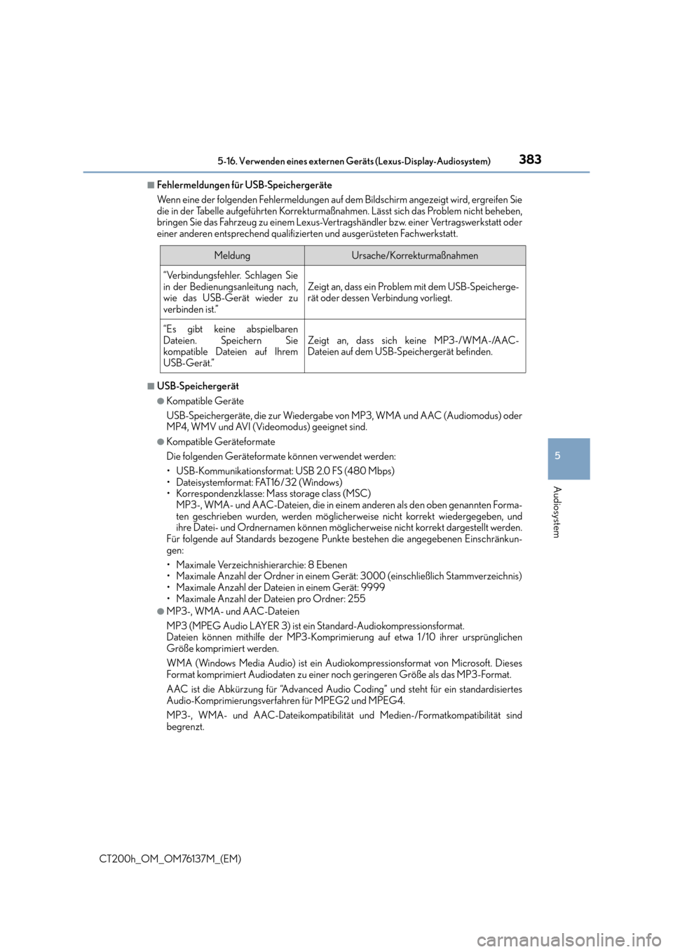 Lexus CT200h 2014  Betriebsanleitung (in German) 383
5
Audiosystem
CT200h_OM_OM76137M_(EM)
5-16. Verwenden eines externen Geräts (Lexus-Display-Audiosystem)
■Fehlermeldungen für USB-Speichergeräte
Wenn eine der folgenden Fehlermeldungen auf dem