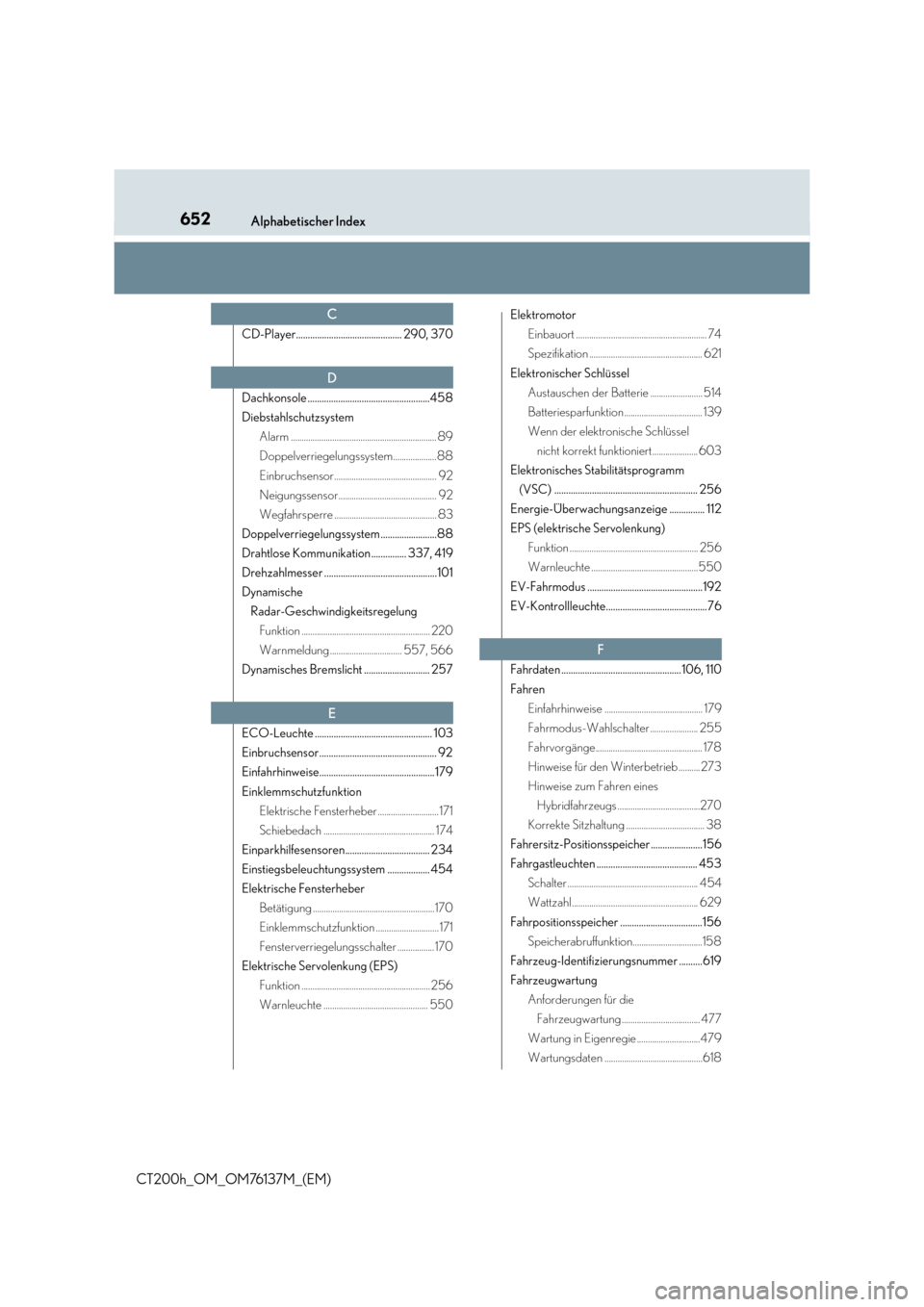 Lexus CT200h 2014  Betriebsanleitung (in German) 652Alphabetischer Index
CT200h_OM_OM76137M_(EM)
CD-Player............................................. 290, 370
Dachkonsole ....................................................458
Diebstahlschutzsyste
