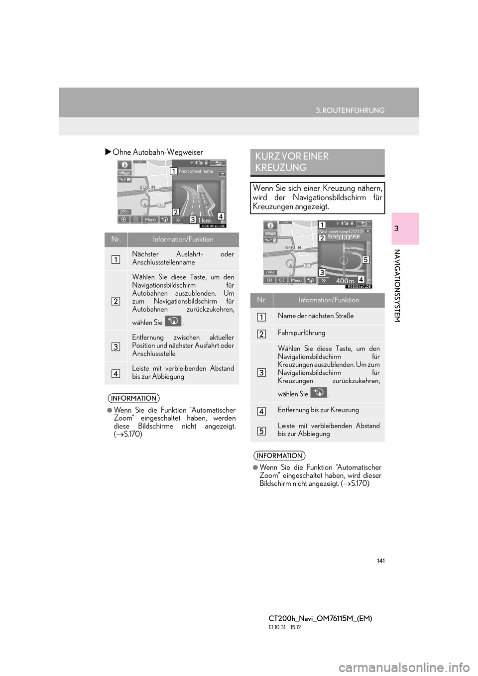 Lexus CT200h 2014  Navigation Handbuch (in German) 141
3. ROUTENFÜHRUNG
CT200h_Navi_OM76115M_(EM)
13.10.31     15:12
3
NAVIGATIONSSYSTEM
�XOhne Autobahn-Wegweiser
Nr.Information/Funktion
Nächster Ausfahrt- oder
Anschlussstellenname
Wählen Sie diese