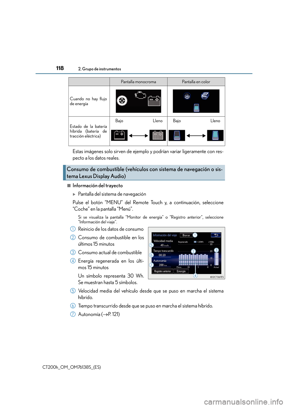 Lexus CT200h 2014  Manual del propietario (in Spanish) 1182. Grupo de instrumentos
CT200h_OM_OM76138S_(ES)
Estas imágenes solo sirven de ejemplo y podrían variar ligeramente con res-
pecto a los datos reales.
■Información del trayecto
�XPantalla del 