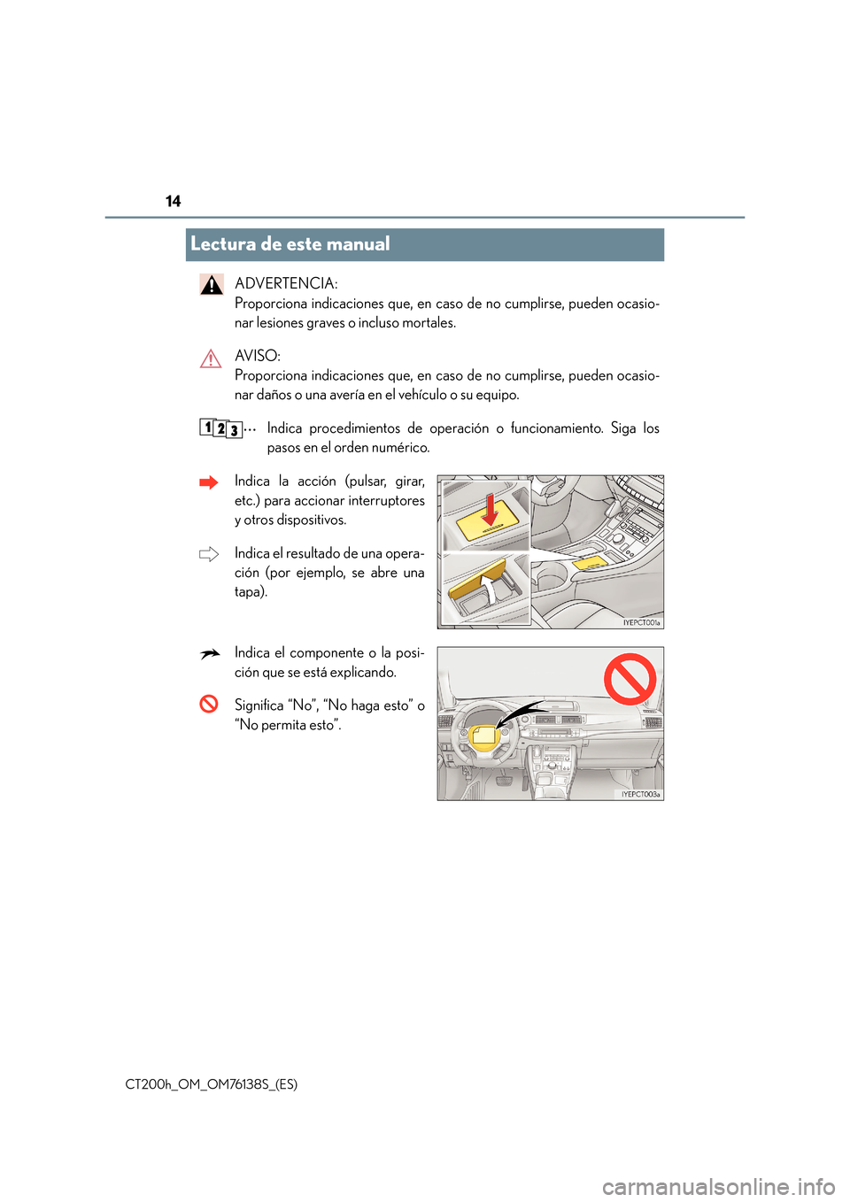 Lexus CT200h 2014  Manual del propietario (in Spanish) 14
CT200h_OM_OM76138S_(ES)
Lectura de este manual
ADVERTENCIA: 
Proporciona indicaciones que, en caso de no cumplirse, pueden ocasio-
nar lesiones graves o incluso mortales.
AV I S O :  
Proporciona i