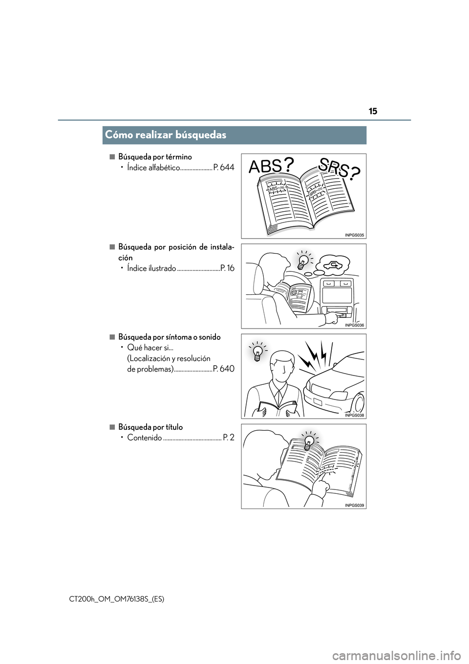Lexus CT200h 2014  Manual del propietario (in Spanish) 15
CT200h_OM_OM76138S_(ES)
Cómo realizar búsquedas
■Búsqueda por término• Índice alfabético..................... P. 644
■Búsqueda por posición de instala-
ción• Índice ilustrado ....