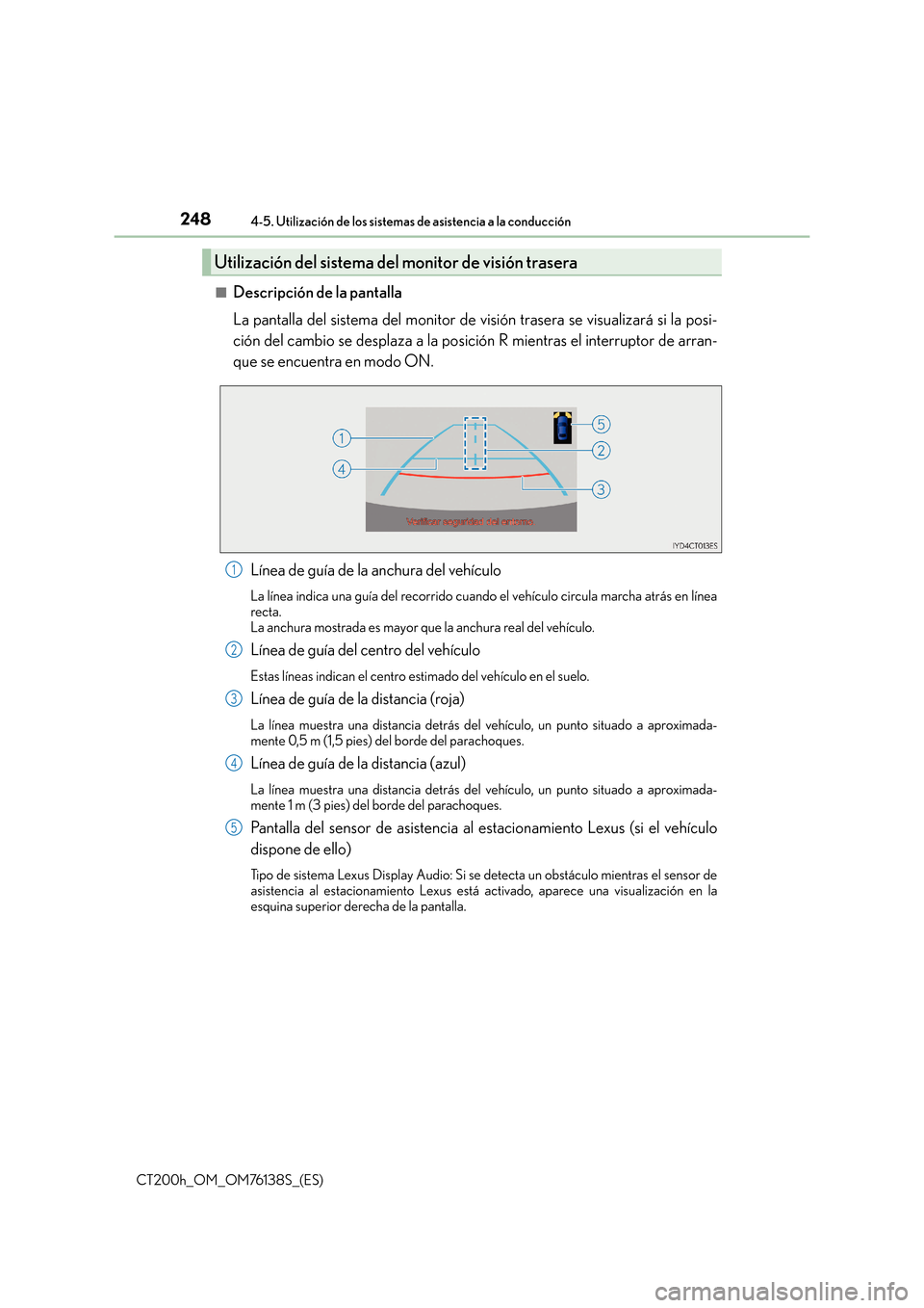 Lexus CT200h 2014 Manual del propietario (in Spanish) 2484-5. Utilización de los sistemas de asistencia a la conducción
CT200h_OM_OM76138S_(ES)■
Descripción de la pantalla
La pantalla del sistema del monitor de visión trasera se visualizará si la Lexus CT200h 2014 Manual del propietario (in Spanish) 2484-5. Utilización de los sistemas de asistencia a la conducción
CT200h_OM_OM76138S_(ES)■
Descripción de la pantalla
La pantalla del sistema del monitor de visión trasera se visualizará si la