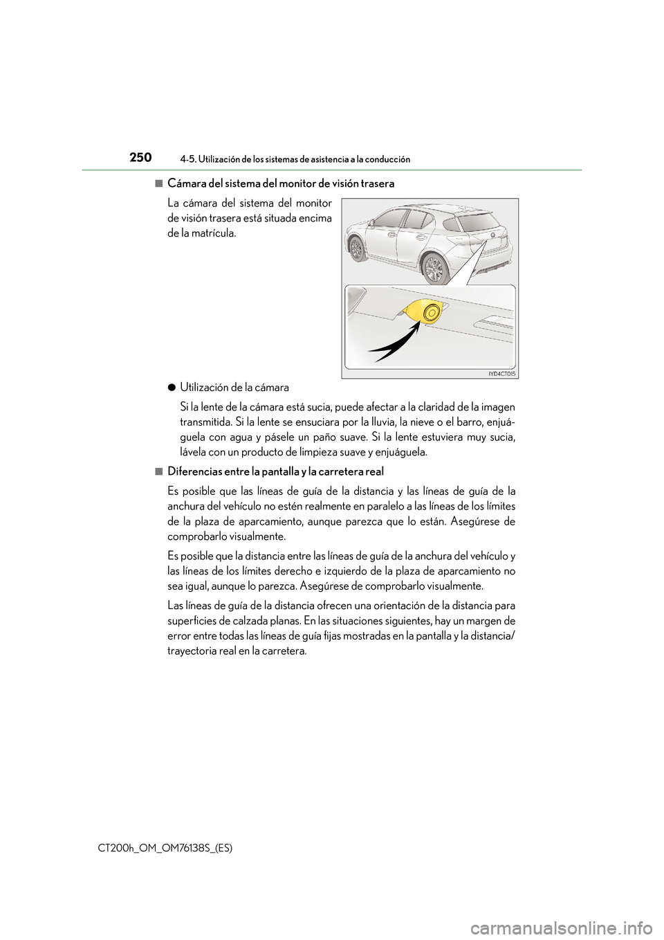 Lexus CT200h 2014 Manual del propietario (in Spanish) 2504-5. Utilización de los sistemas de asistencia a la conducción
CT200h_OM_OM76138S_(ES)■
Cámara del sistema del monitor de visión trasera
La cámara del sistema del monitor
de visión trasera Lexus CT200h 2014 Manual del propietario (in Spanish) 2504-5. Utilización de los sistemas de asistencia a la conducción
CT200h_OM_OM76138S_(ES)■
Cámara del sistema del monitor de visión trasera
La cámara del sistema del monitor
de visión trasera