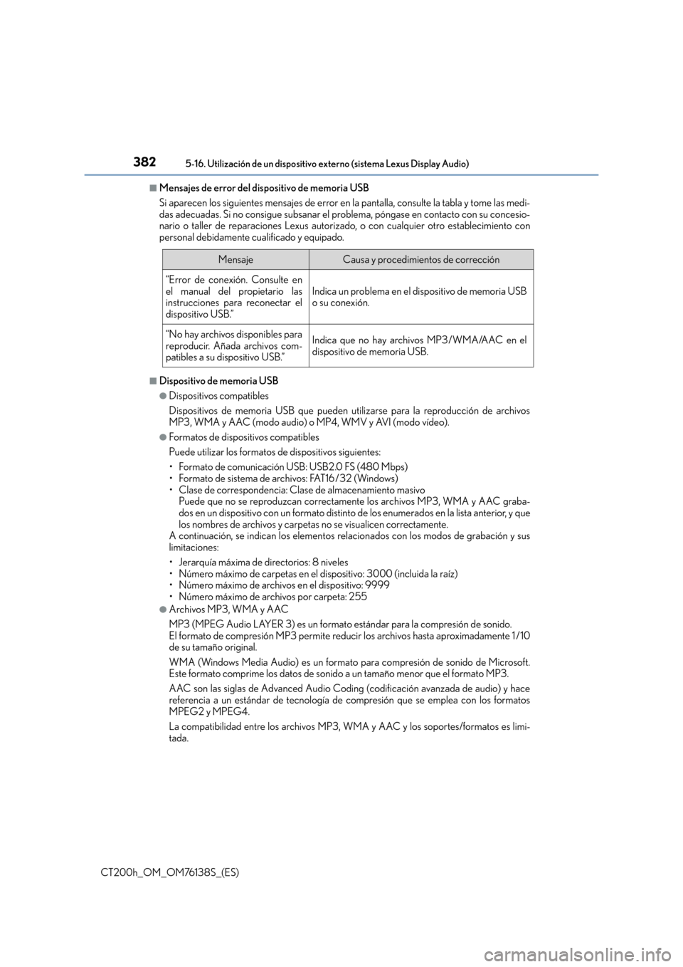 Lexus CT200h 2014  Manual del propietario (in Spanish) 3825-16. Utilización de un dispositivo externo (sistema Lexus Display Audio)
CT200h_OM_OM76138S_(ES)
■Mensajes de error del dispositivo de memoria USB
Si aparecen los siguientes mensajes de error e