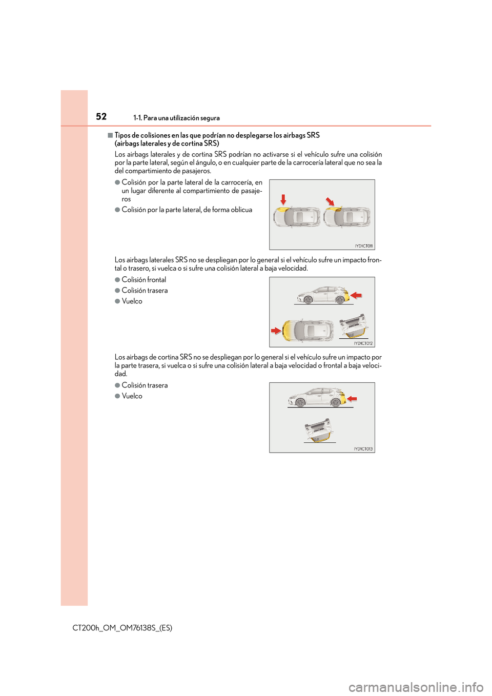Lexus CT200h 2014  Manual del propietario (in Spanish) 521-1. Para una utilización segura
CT200h_OM_OM76138S_(ES)
■Tipos de colisiones en las que podrían no desplegarse los airbags SRS 
(airbags laterales y de cortina SRS)
Los airbags laterales y de c