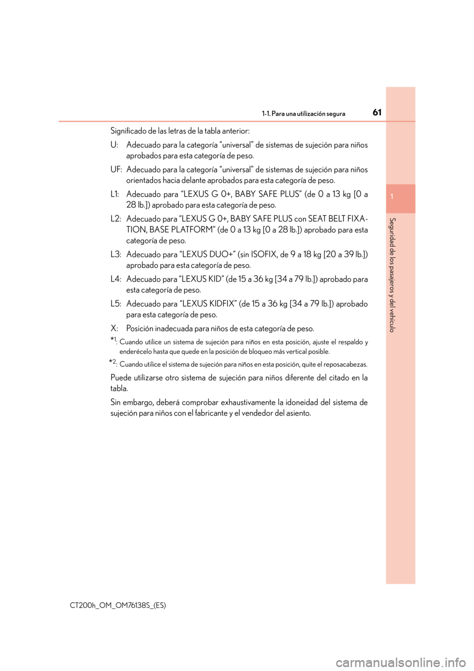 Lexus CT200h 2014  Manual del propietario (in Spanish) 611-1. Para una utilización segura
1
CT200h_OM_OM76138S_(ES)
Seguridad de los pasajeros y del vehículo
Significado de las letras de la tabla anterior:
U: Adecuado para la categoría “universal” 
