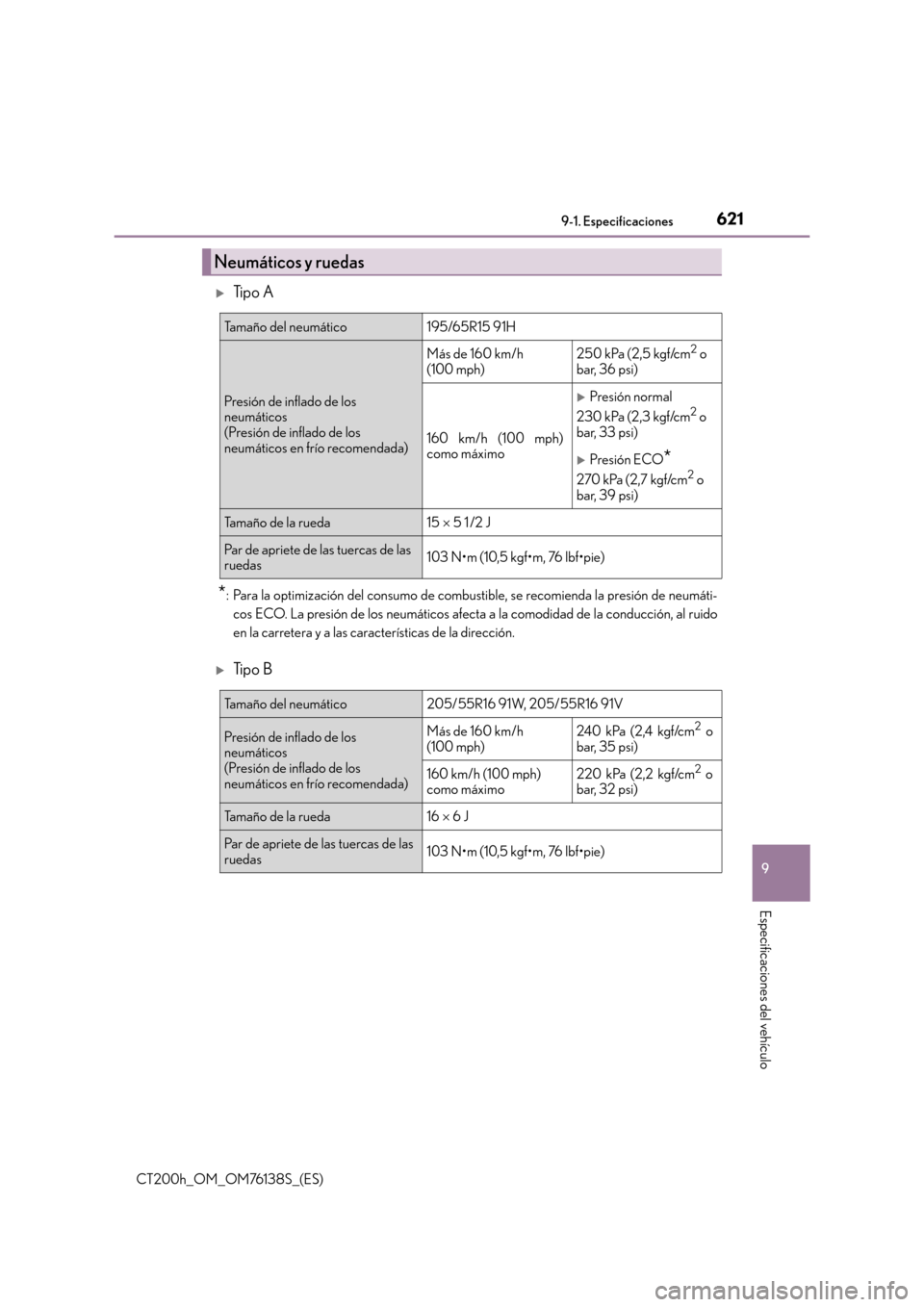 Lexus CT200h 2014  Manual del propietario (in Spanish) 621
9
9-1. Especificaciones
Especificaciones del vehículo
CT200h_OM_OM76138S_(ES)
�XTi p o  A
*: Para la optimización del consumo de combustible, se recomienda la presión de neumáti-
cos ECO. La p