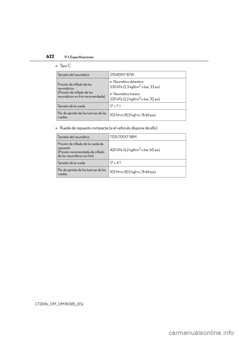 Lexus CT200h 2014  Manual del propietario (in Spanish) 6229-1. Especificaciones
CT200h_OM_OM76138S_(ES)
�XTi p o  C
�XRueda de repuesto compacta (si el vehículo dispone de ello)
Tamaño del neumático215/45R17 87W
Presión de inflado de los 
neumáticos 