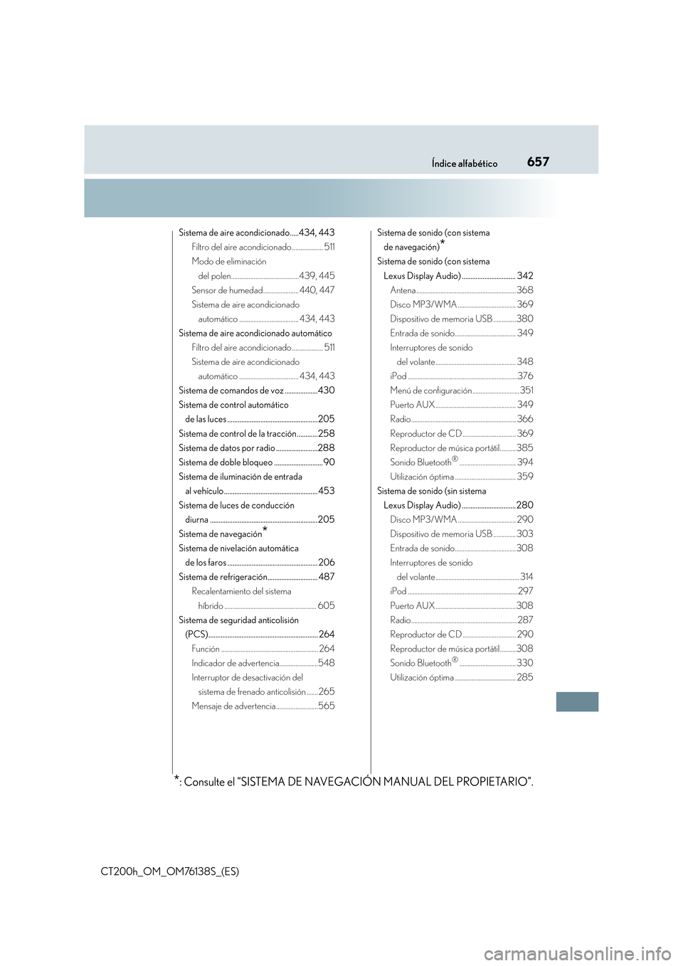 Lexus CT200h 2014  Manual del propietario (in Spanish) 657Índice alfabético
CT200h_OM_OM76138S_(ES)
Sistema de aire acondicionado.....434, 443Filtro del aire acondicionado ................... 511
Modo de eliminación 
del polen..........................