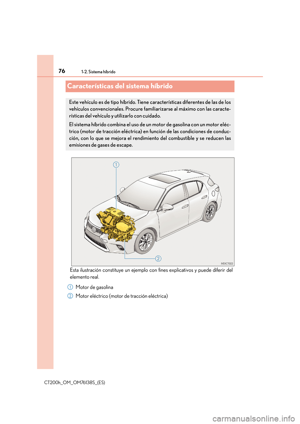 Lexus CT200h 2014  Manual del propietario (in Spanish) 761-2. Sistema híbrido
CT200h_OM_OM76138S_(ES)
Características del sistema híbrido
Esta ilustración constituye un ejemplo con fines explicativos y puede diferir del
elemento real.Motor de gasolina