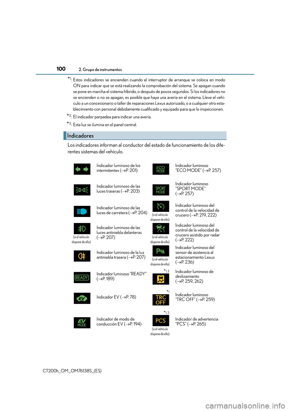 Lexus CT200h 2014  Manual del propietario (in Spanish) 1002. Grupo de instrumentos
CT200h_OM_OM76138S_(ES)
*1: Estos indicadores se encienden cuando el interruptor de arranque se coloca en modoON para indicar que se está realizando la comprobación del s