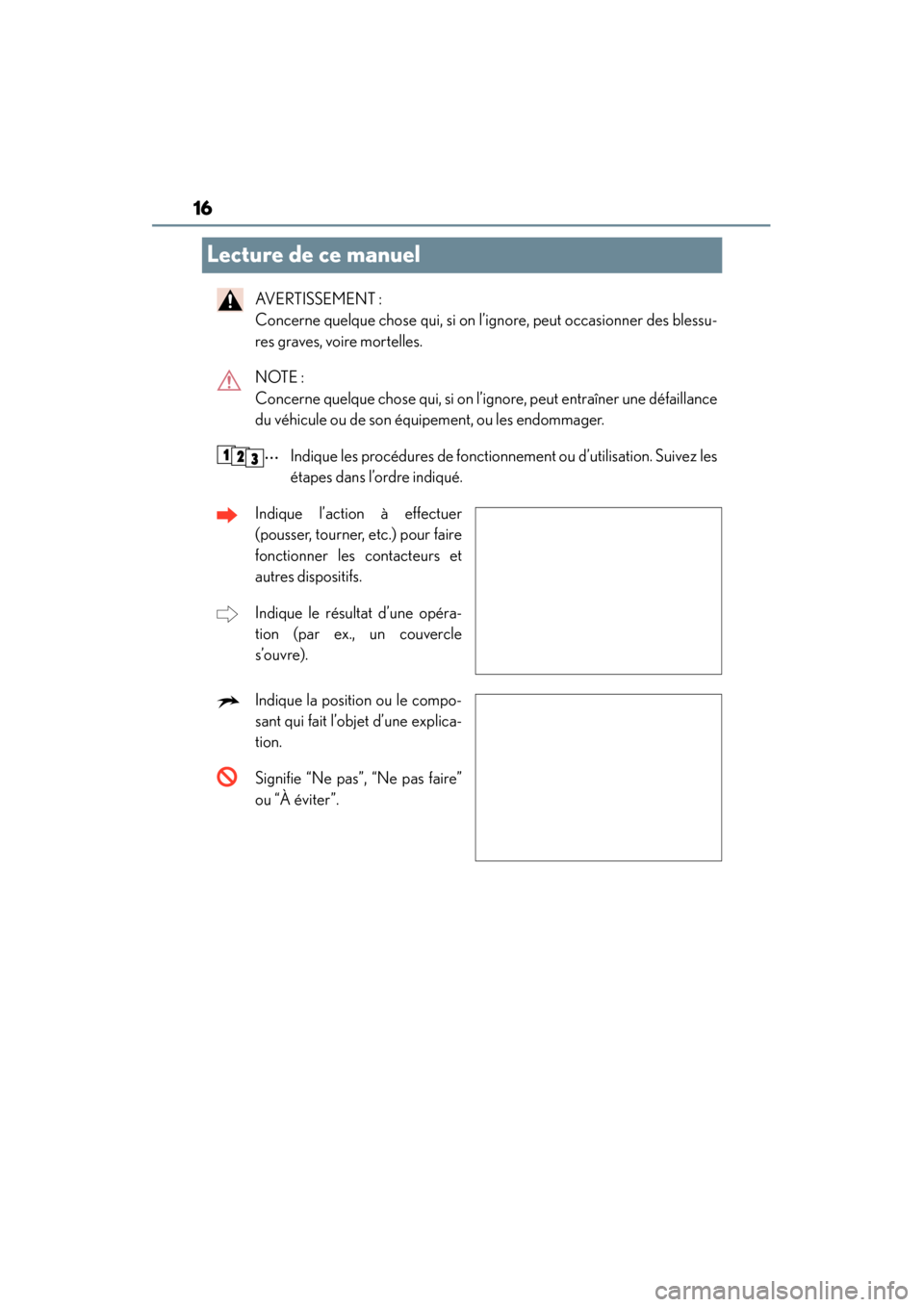 Lexus CT200h 2014  Manuel du propriétaire (in French) 16
CT200h_OM_OM76101D_(D)
Lecture de ce manuel
AVERTISSEMENT : 
Concerne quelque chose qui, si on l’ignore, peut occasionner des blessu-
res graves, voire mortelles.
NOTE : 
Concerne quelque chose q