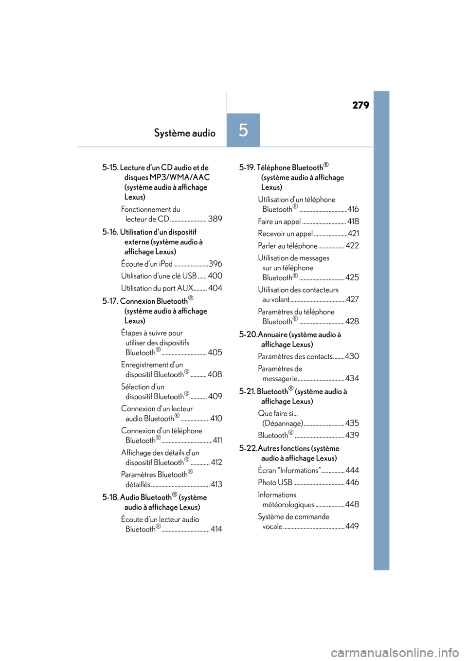 Lexus CT200h 2014  Manuel du propriétaire (in French) 279
CT200h_OM_OM76101D_(D)
Système audio5
5-15. Lecture d’un CD audio et de disques MP3/WMA/AAC 
(système audio à affichage 
Lexus)
Fonctionnement du  lecteur de CD ......................... 389
