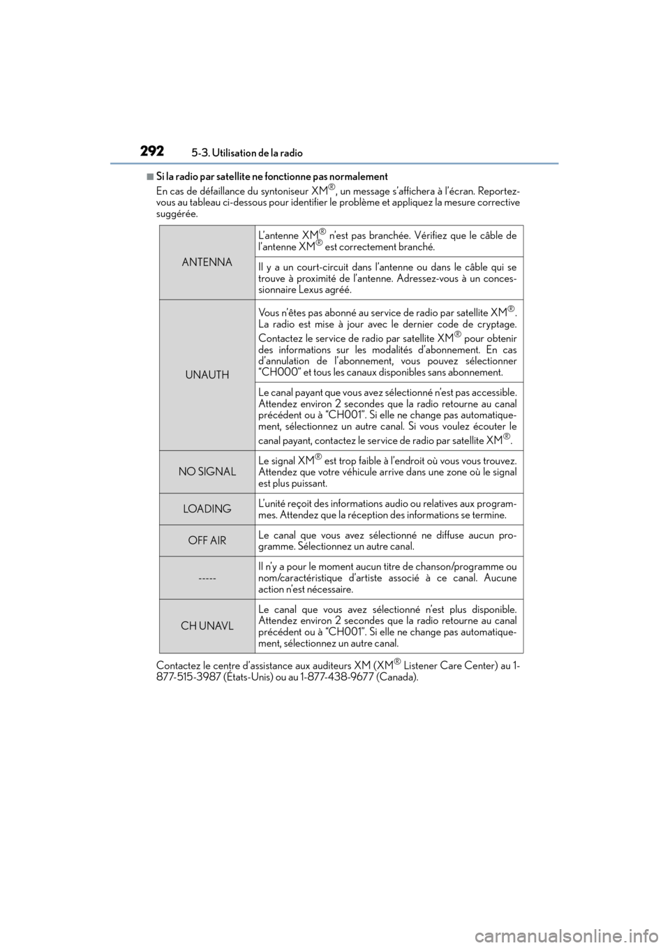 Lexus CT200h 2014  Manuel du propriétaire (in French) 2925-3. Utilisation de la radio
CT200h_OM_OM76101D_(D)
■Si la radio par satellite ne fonctionne pas normalement
En cas de défaillance du syntoniseur XM®, un message s’affichera à l’écran. Re