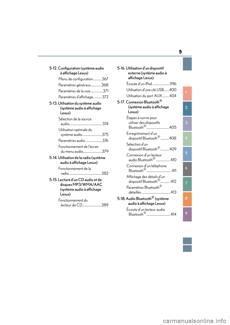Lexus CT200h 2014  Manuel du propriétaire (in French) 5
1
9 8
7
6 4 3
2
CT200h_OM_OM76101D_(D)
5
5-12. Configuration  (système audio 
à affichage Lexus)
Menu de configuration ............367
Paramètres généraux .............. 368
Paramètres de la v