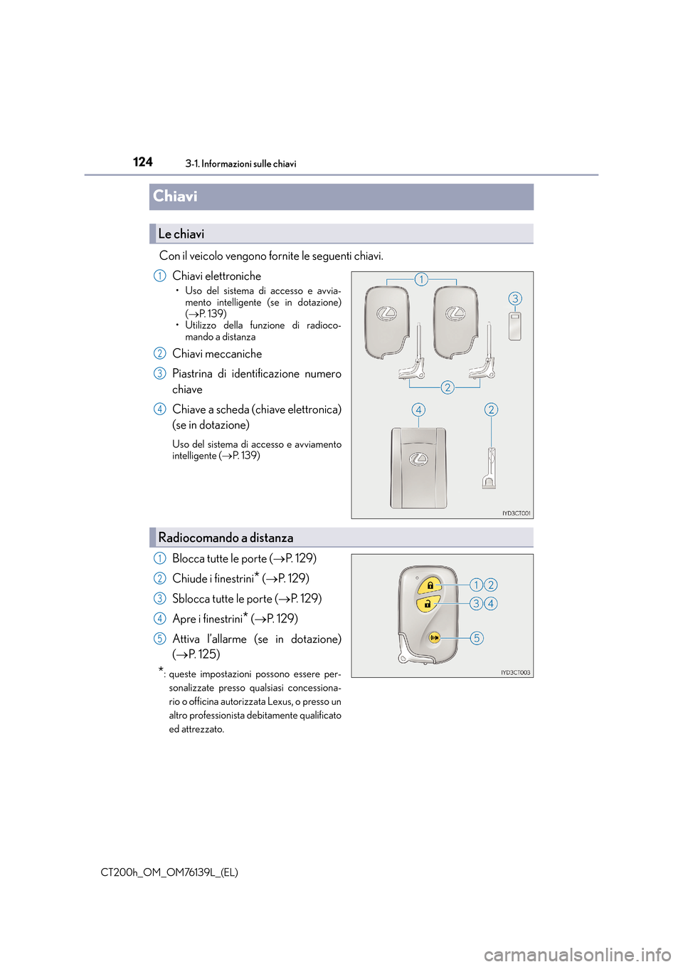 Lexus CT200h 2014  Manuale del proprietario (in Italian) 1243-1. Informazioni sulle chiavi
CT200h_OM_OM76139L_(EL)
Chiavi
Con il veicolo vengono fornite le seguenti chiavi.Chiavi elettroniche
• Uso del sistema di accesso e avvia-mento intelligente (se in 
