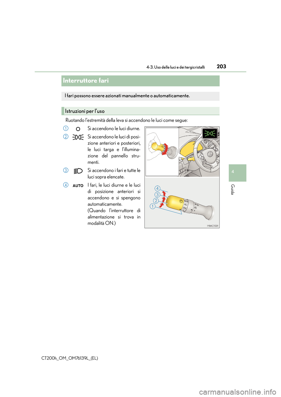 Lexus CT200h 2014 Manuale del proprietario (in Italian) 203
4
4-3. Uso delle luci e dei tergicristalli
Guida
CT200h_OM_OM76139L_(EL)
Interruttore fari
Ruotando l’estremità della leva si accendono le luci come segue:
Si accendono le luci diurne.
Si accen Lexus CT200h 2014 Manuale del proprietario (in Italian) 203
4
4-3. Uso delle luci e dei tergicristalli
Guida
CT200h_OM_OM76139L_(EL)
Interruttore fari
Ruotando l’estremità della leva si accendono le luci come segue:
Si accendono le luci diurne.
Si accen