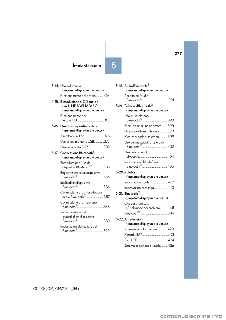 Lexus CT200h 2014  Manuale del proprietario (in Italian) 277
5Impianto audio
CT200h_OM_OM76139L_(EL)5-14. Uso della radio 
(impianto display audio Lexus)
Funzionamento della radio ........... 364
5-15. Riproduzione di CD audio e  dischi MP3/WMA/AAC 
(impian