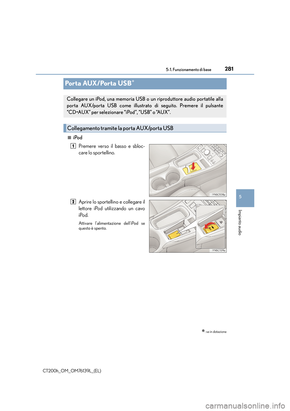 Lexus CT200h 2014  Manuale del proprietario (in Italian) 281
5
5-1. Funzionamento di base
Impianto audio
CT200h_OM_OM76139L_(EL)
Po r t a  AUX / Po r t a  U S B∗
■iPod
Premere verso il basso e sbloc-
care lo sportellino.
Aprire lo sportellino e collegar