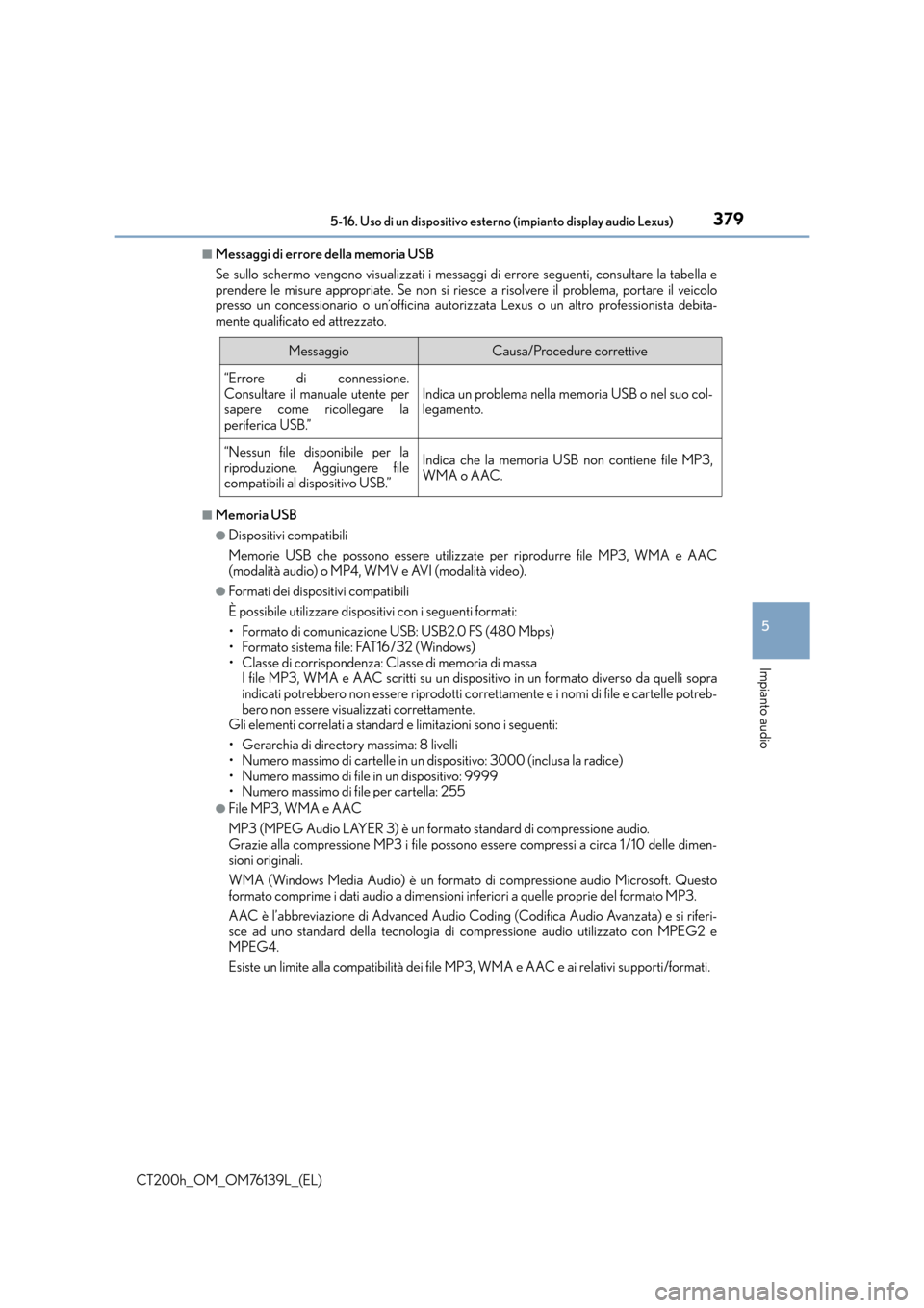 Lexus CT200h 2014  Manuale del proprietario (in Italian) 379
5
Impianto audio
CT200h_OM_OM76139L_(EL)
5-16. Uso di un dispositivo esterno (impianto display audio Lexus)
■Messaggi di errore della memoria USB
Se sullo schermo vengono visualizzati i messaggi