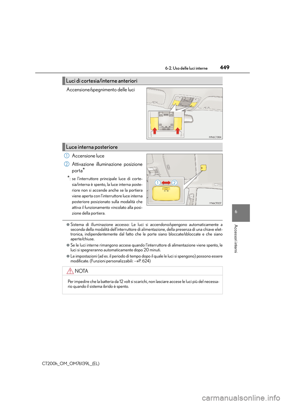 Lexus CT200h 2014 Manuale del proprietario (in Italian) 4496-2. Uso delle luci interne
CT200h_OM_OM76139L_(EL)
6
Accessori interni
Accensione/spegnimento delle luciAccensione luce
Attivazione illuminazione posizione
porta
*
*
: se l’interruttore principa Lexus CT200h 2014 Manuale del proprietario (in Italian) 4496-2. Uso delle luci interne
CT200h_OM_OM76139L_(EL)
6
Accessori interni
Accensione/spegnimento delle luciAccensione luce
Attivazione illuminazione posizione
porta
*
*
: se l’interruttore principa