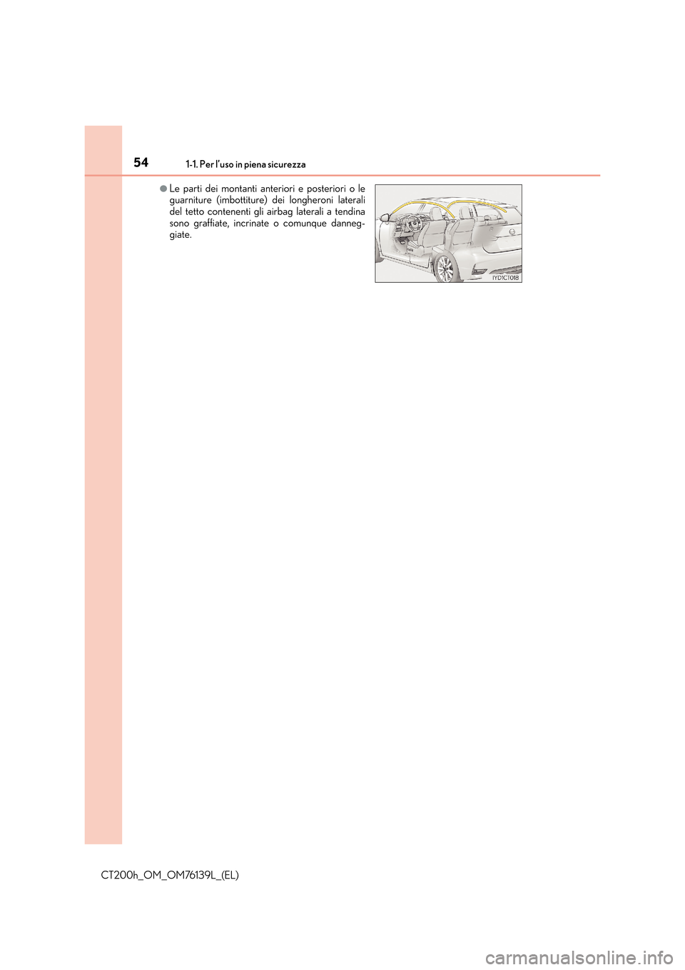 Lexus CT200h 2014 Manuale del proprietario (in Italian) 541-1. Per l’uso in piena sicurezza
CT200h_OM_OM76139L_(EL)
●Le parti dei montanti anteriori e posteriori o le
guarniture (imbottiture) dei longheroni laterali
del tetto contenenti gli airbag late Lexus CT200h 2014 Manuale del proprietario (in Italian) 541-1. Per l’uso in piena sicurezza
CT200h_OM_OM76139L_(EL)
●Le parti dei montanti anteriori e posteriori o le
guarniture (imbottiture) dei longheroni laterali
del tetto contenenti gli airbag late