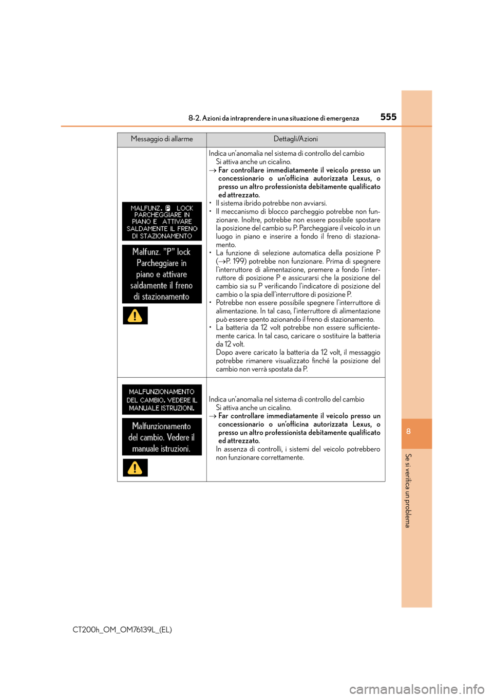 Lexus CT200h 2014 Manuale del proprietario (in Italian) 5558-2. Azioni da intraprendere in una situazione di emergenza
CT200h_OM_OM76139L_(EL)
8
Se si verifica un problema
Indica un’anomalia nel sistema di controllo del cambioSi attiva anche un cicalino. Lexus CT200h 2014 Manuale del proprietario (in Italian) 5558-2. Azioni da intraprendere in una situazione di emergenza
CT200h_OM_OM76139L_(EL)
8
Se si verifica un problema
Indica un’anomalia nel sistema di controllo del cambioSi attiva anche un cicalino.