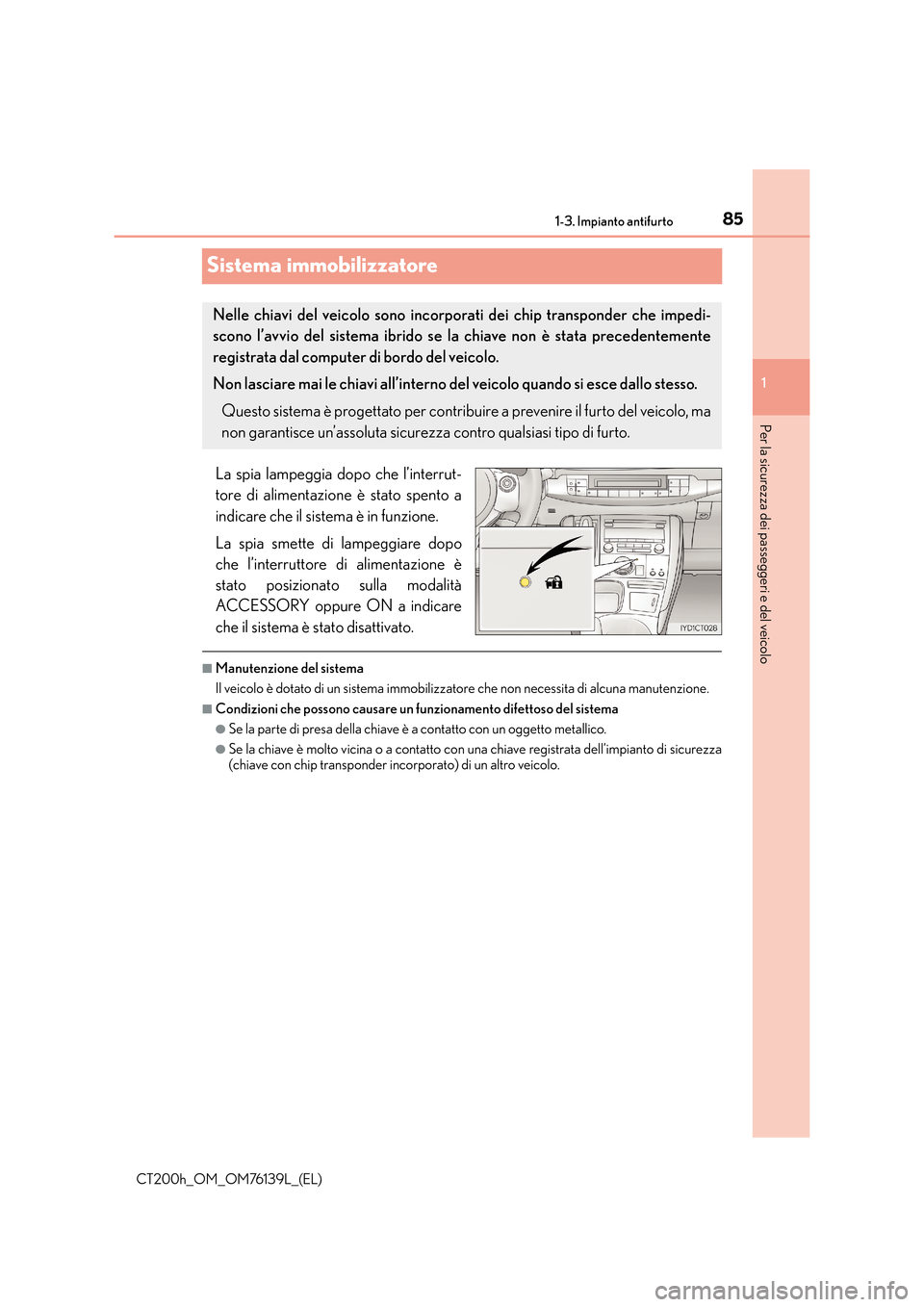 Lexus CT200h 2014 Manuale del proprietario (in Italian) 85
1
1-3. Impianto antifurto
CT200h_OM_OM76139L_(EL)
Per la sicurezza dei passeggeri e del veicolo
Sistema immobilizzatore
La spia lampeggia dopo che l’interrut-
tore di alimentazione è stato spent Lexus CT200h 2014 Manuale del proprietario (in Italian) 85
1
1-3. Impianto antifurto
CT200h_OM_OM76139L_(EL)
Per la sicurezza dei passeggeri e del veicolo
Sistema immobilizzatore
La spia lampeggia dopo che l’interrut-
tore di alimentazione è stato spent
