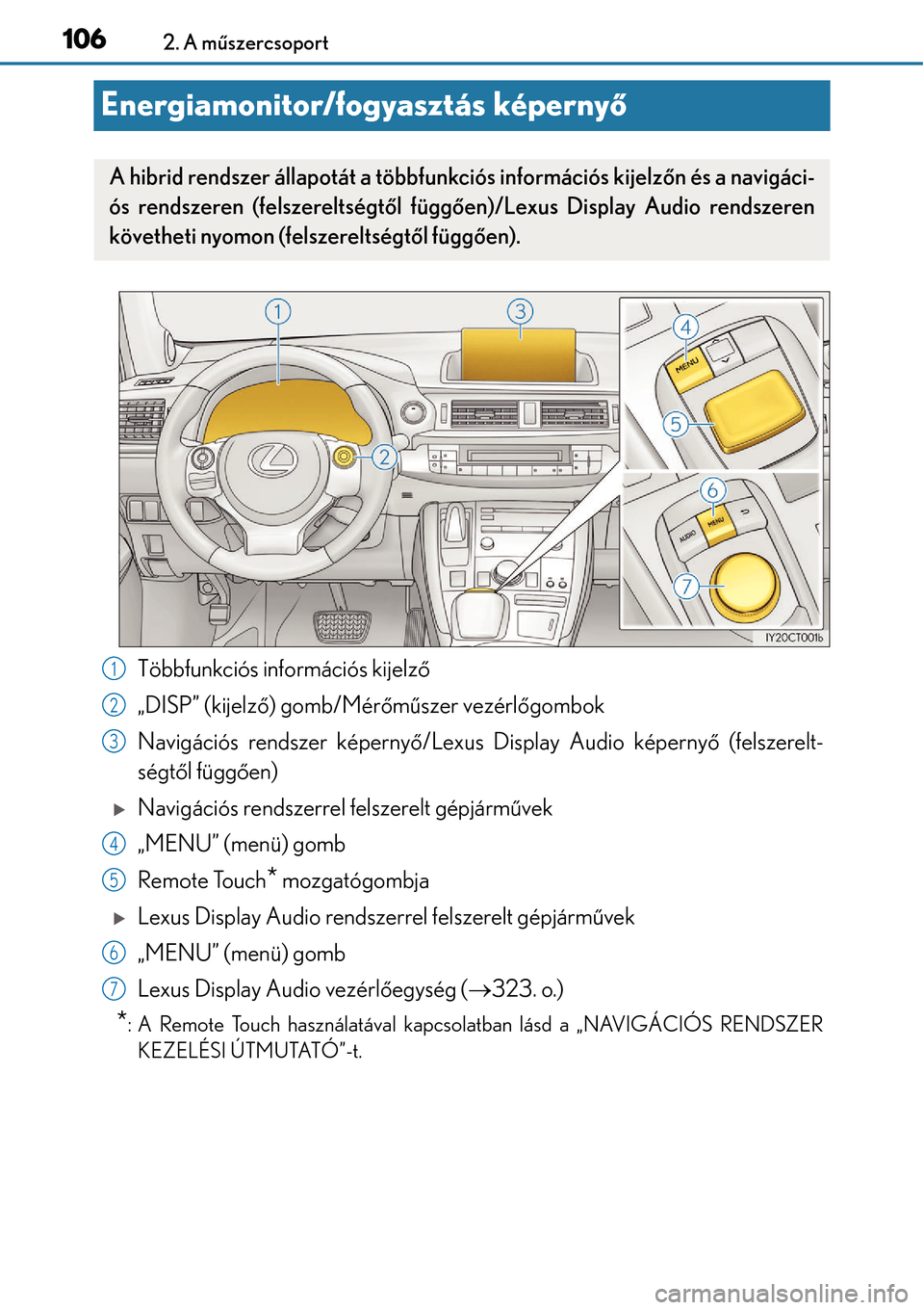 Lexus CT200h 2014  Kezelési útmutató (in Hungarian) 1062. A műszercsoport
Energiamonitor/fogyasztás képerny ő
Többfunkciós információs kijelző
„DISP” (kijelz ő) gomb/Mérő műszer vezérlő gombok
Navigációs rendszer képerny ő/Lexus 