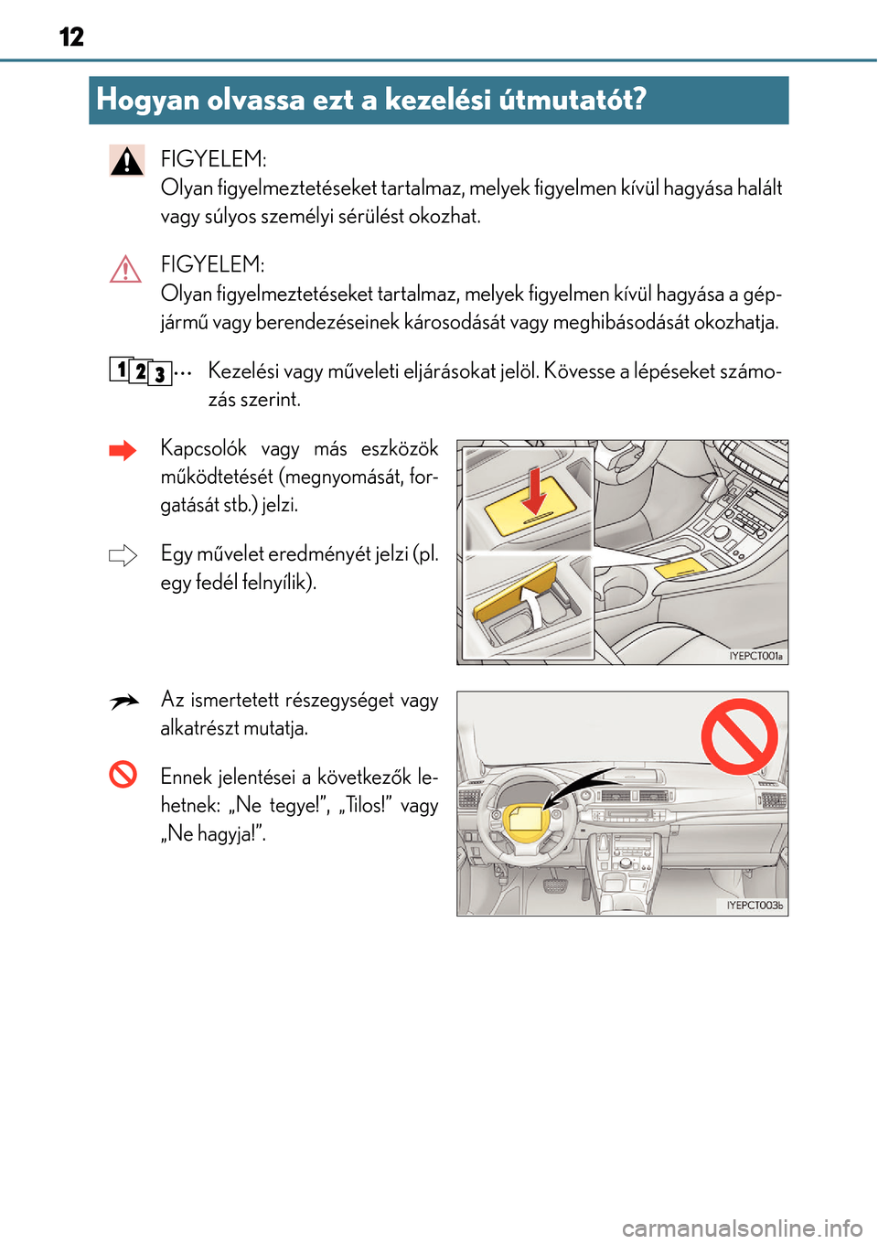 Lexus CT200h 2014  Kezelési útmutató (in Hungarian) 12
Hogyan olvassa ezt a kezelési útmutatót?
FIGYELEM: 
Olyan figyelmeztetéseket tartalmaz, melyek figyelmen kívül hagyása halált
vagy súlyos személyi sérülést okozhat.
FIGYELEM: 
Olyan fi