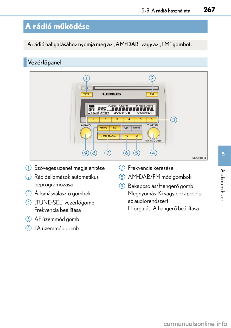Lexus CT200h 2014  Kezelési útmutató (in Hungarian) 267
5
5-3. A rádió használata
Audiorendszer
A rádió m
űködése
A rádió hallgatásához nyomja meg az „AM•DAB” vagy az „FM” gombot.
Ve z é r l őpanel
Szöveges üzenet megjelenít�